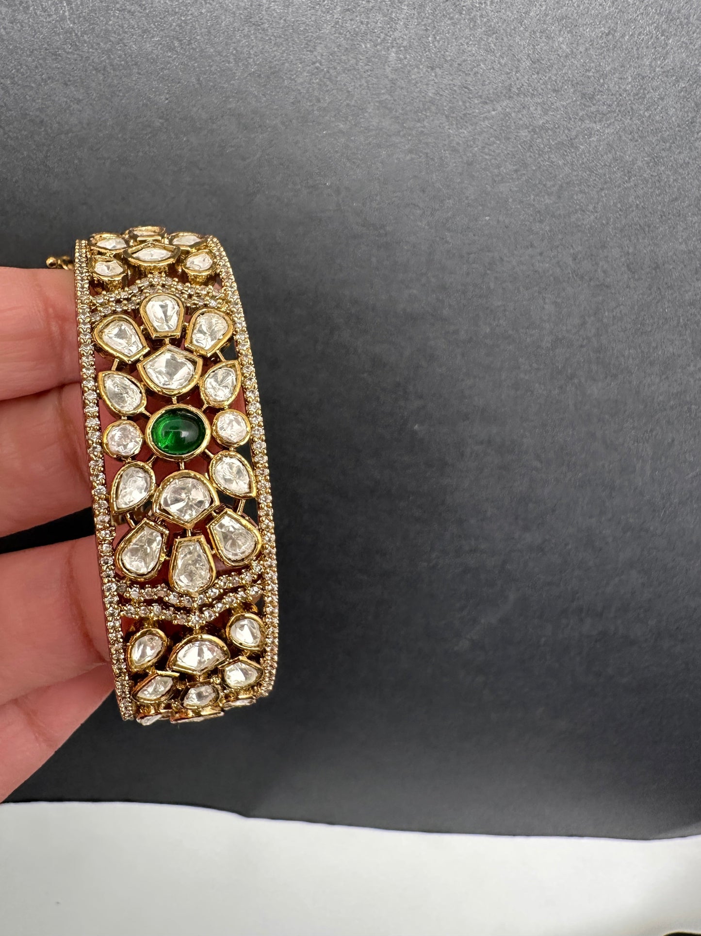 Kundan Matte Openable Kada Bracelet - Green