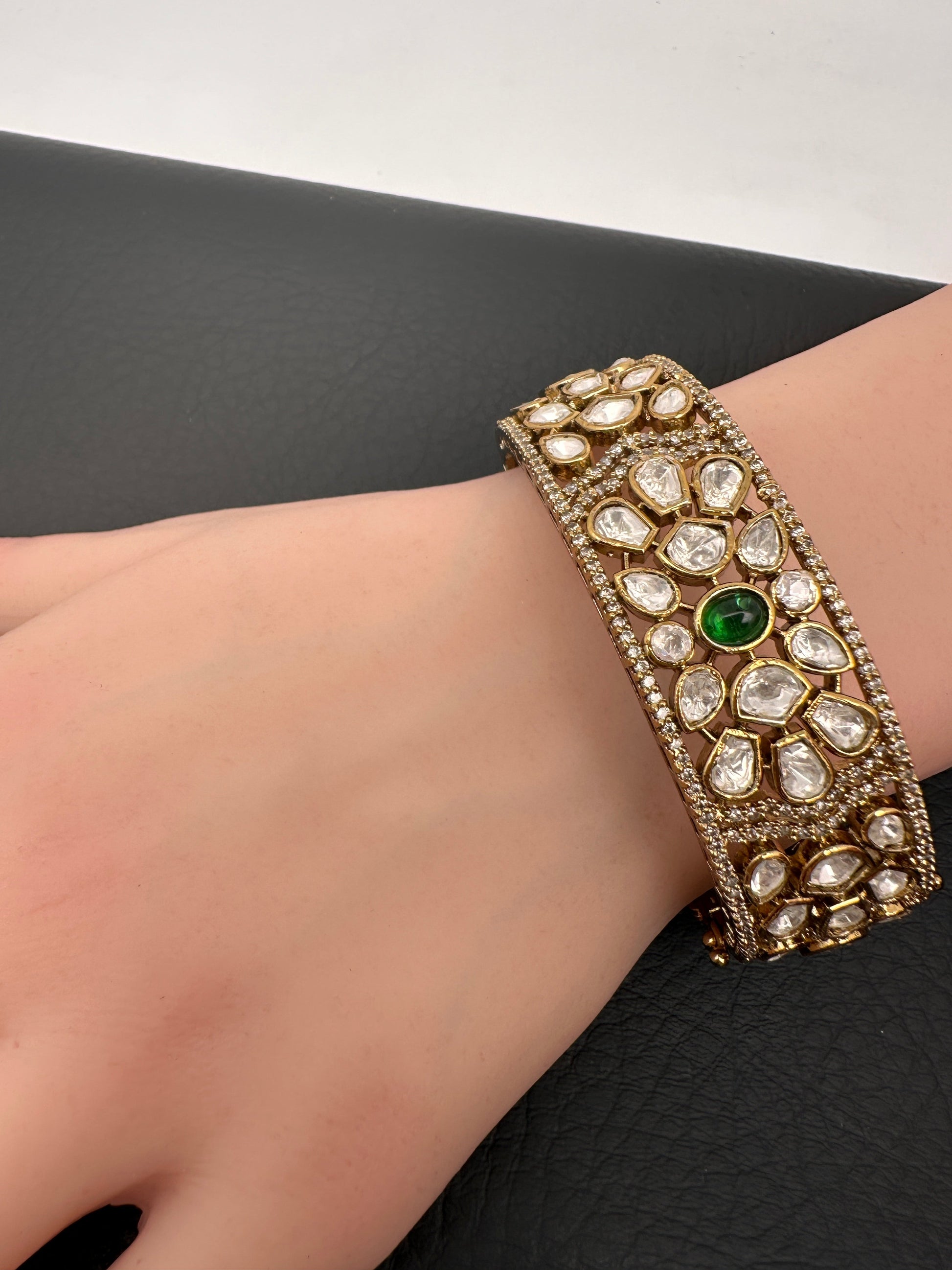 Kundan Matte Openable Kada Bracelet - Green