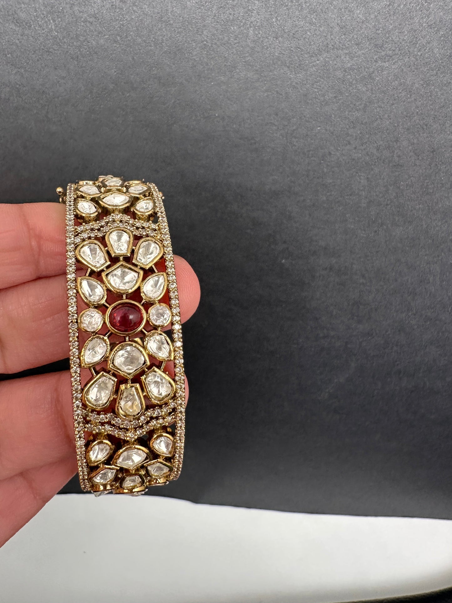Kundan Matte Openable Kada Bracelet - Red