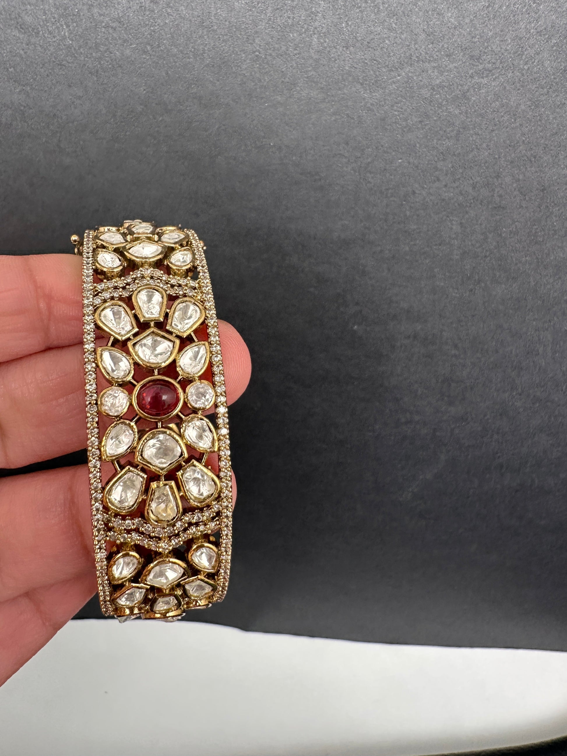 Kundan Matte Openable Kada Bracelet - Red