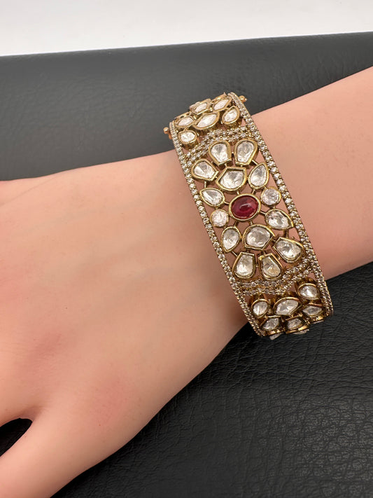 Kundan Matte Openable Kada Bracelet - Red
