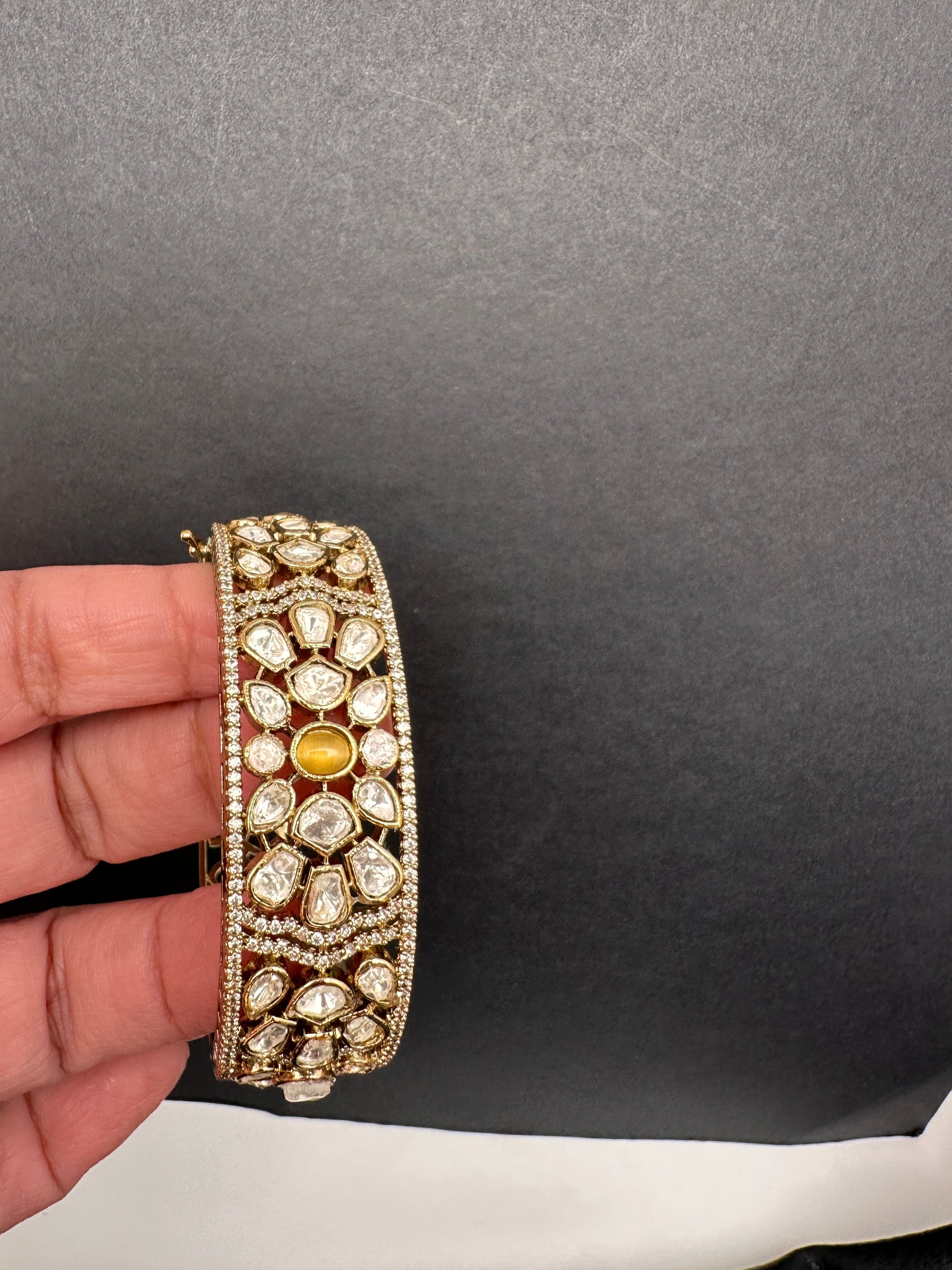 Kundan Matte Openable Kada Bracelet - Yellow