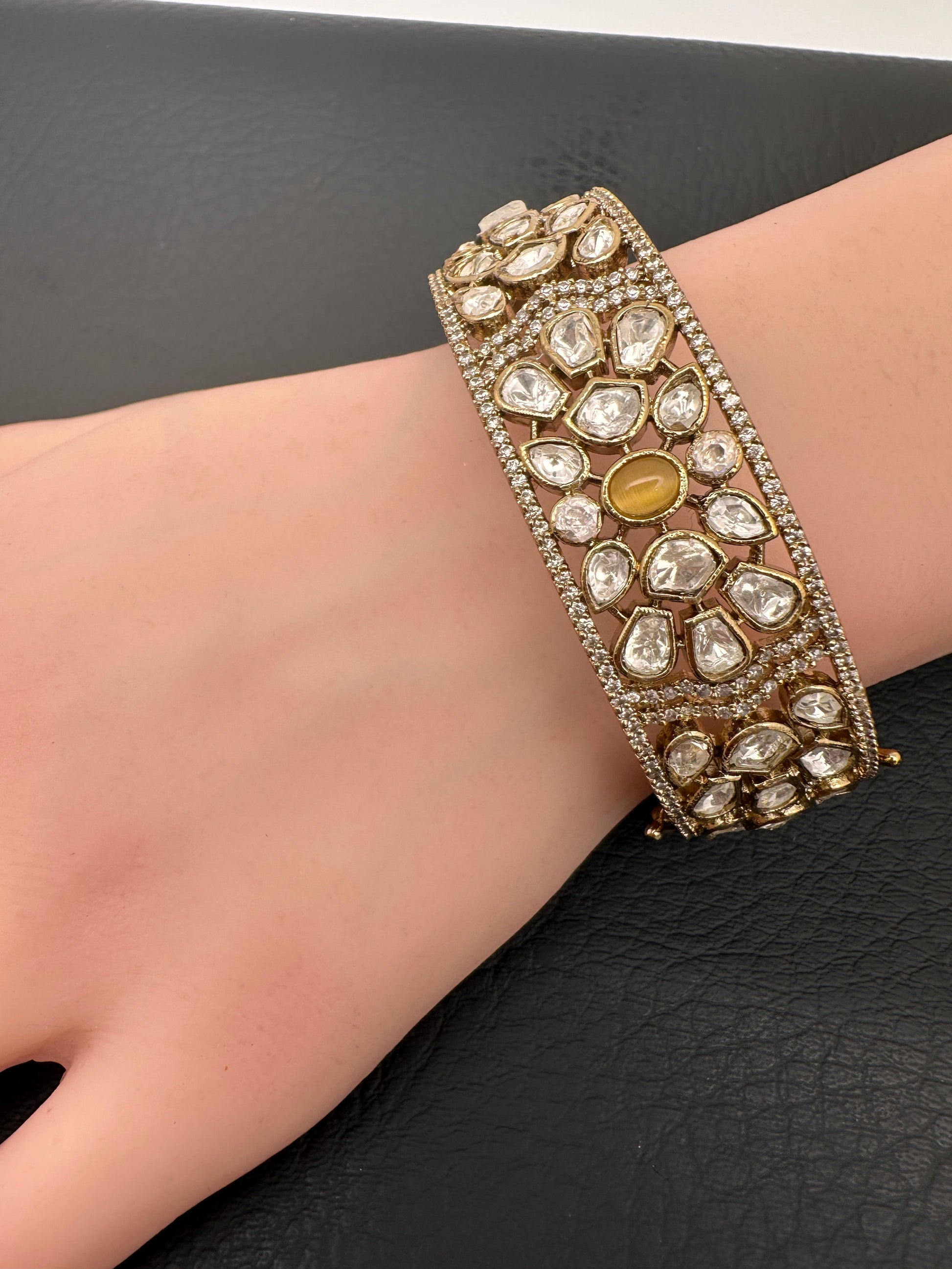 Kundan Matte Openable Kada Bracelet - Yellow