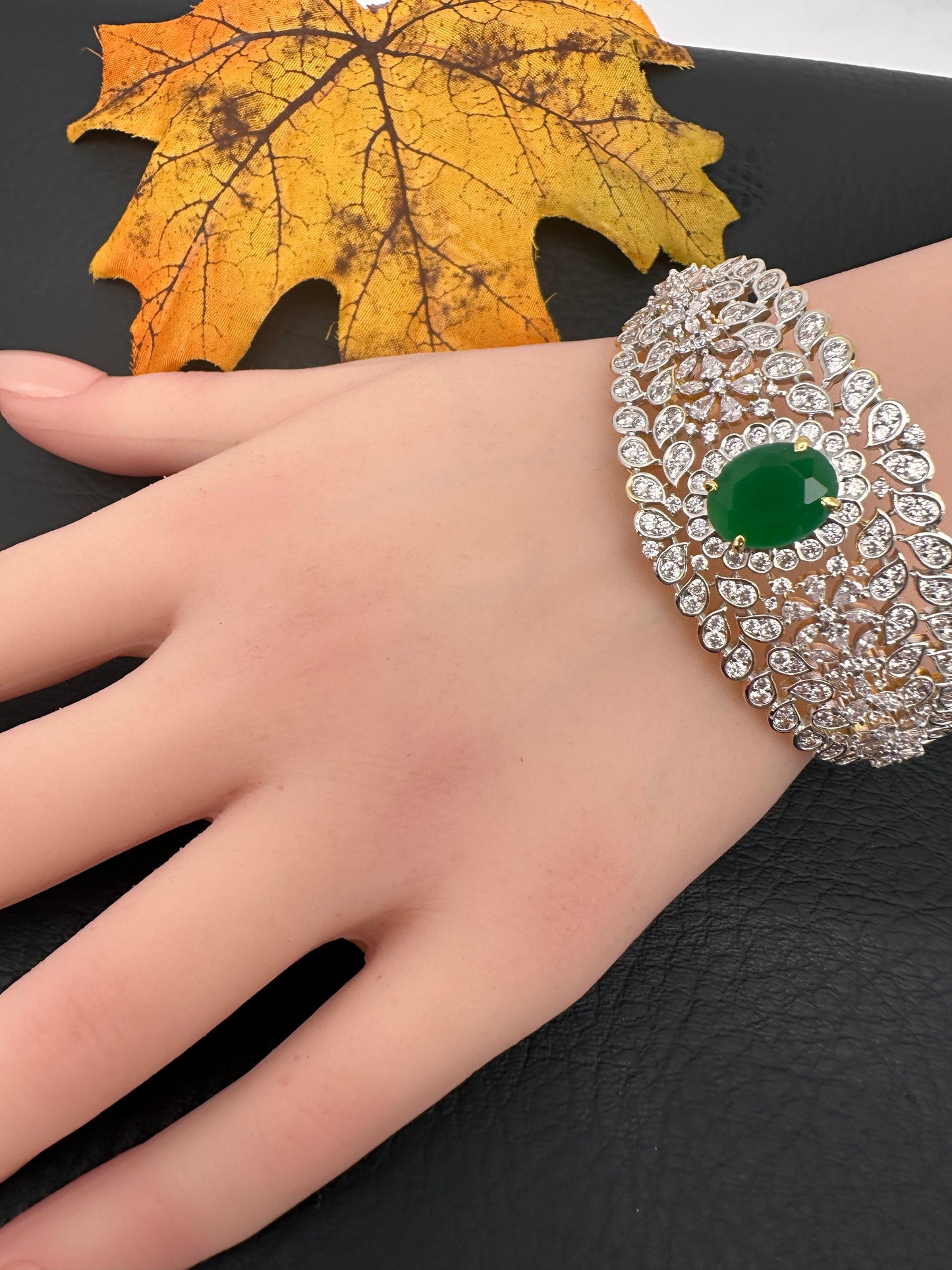 AD Diamond Openable Kada Bracelet - Green