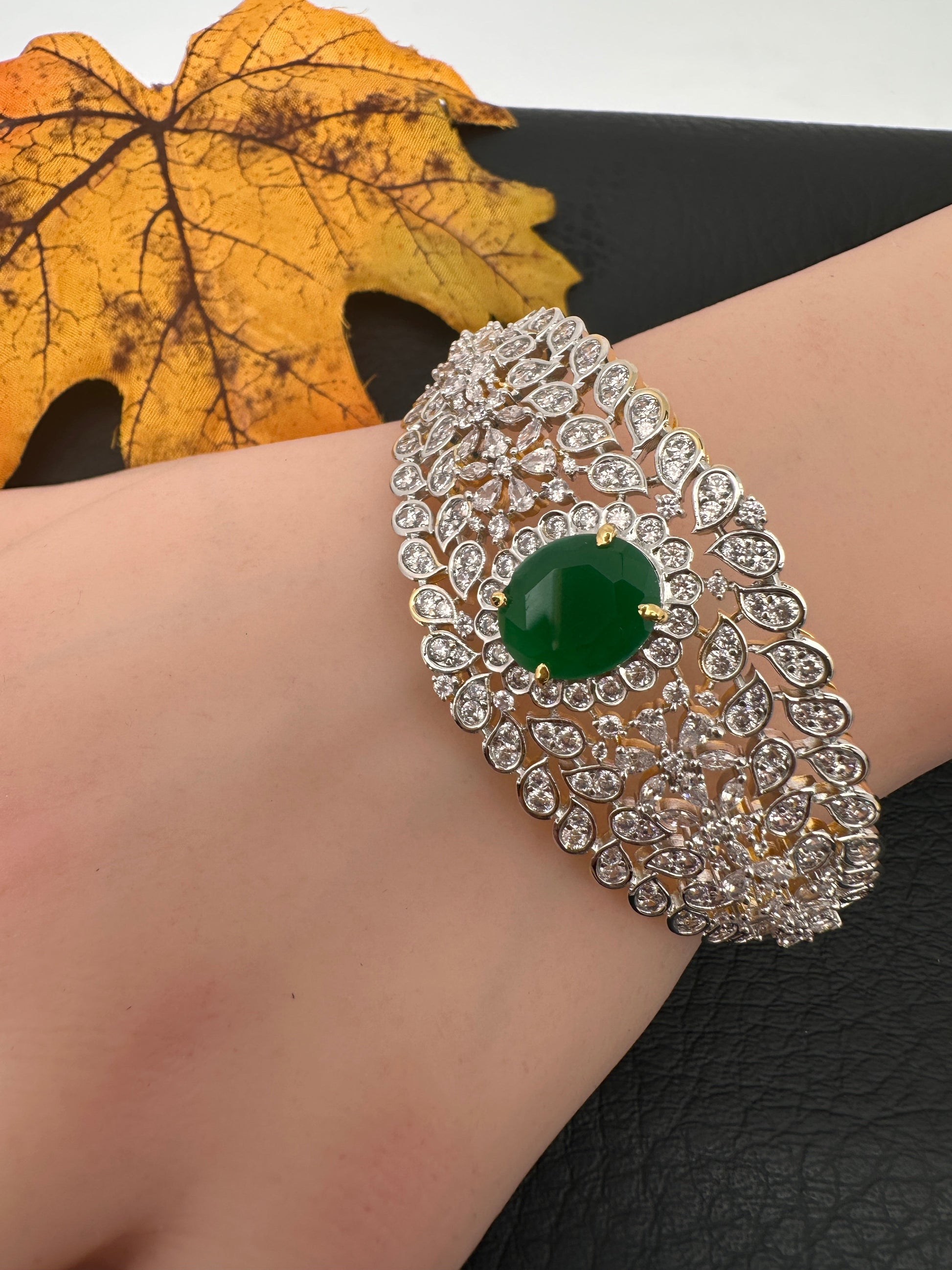 AD Diamond Openable Kada Bracelet - Green