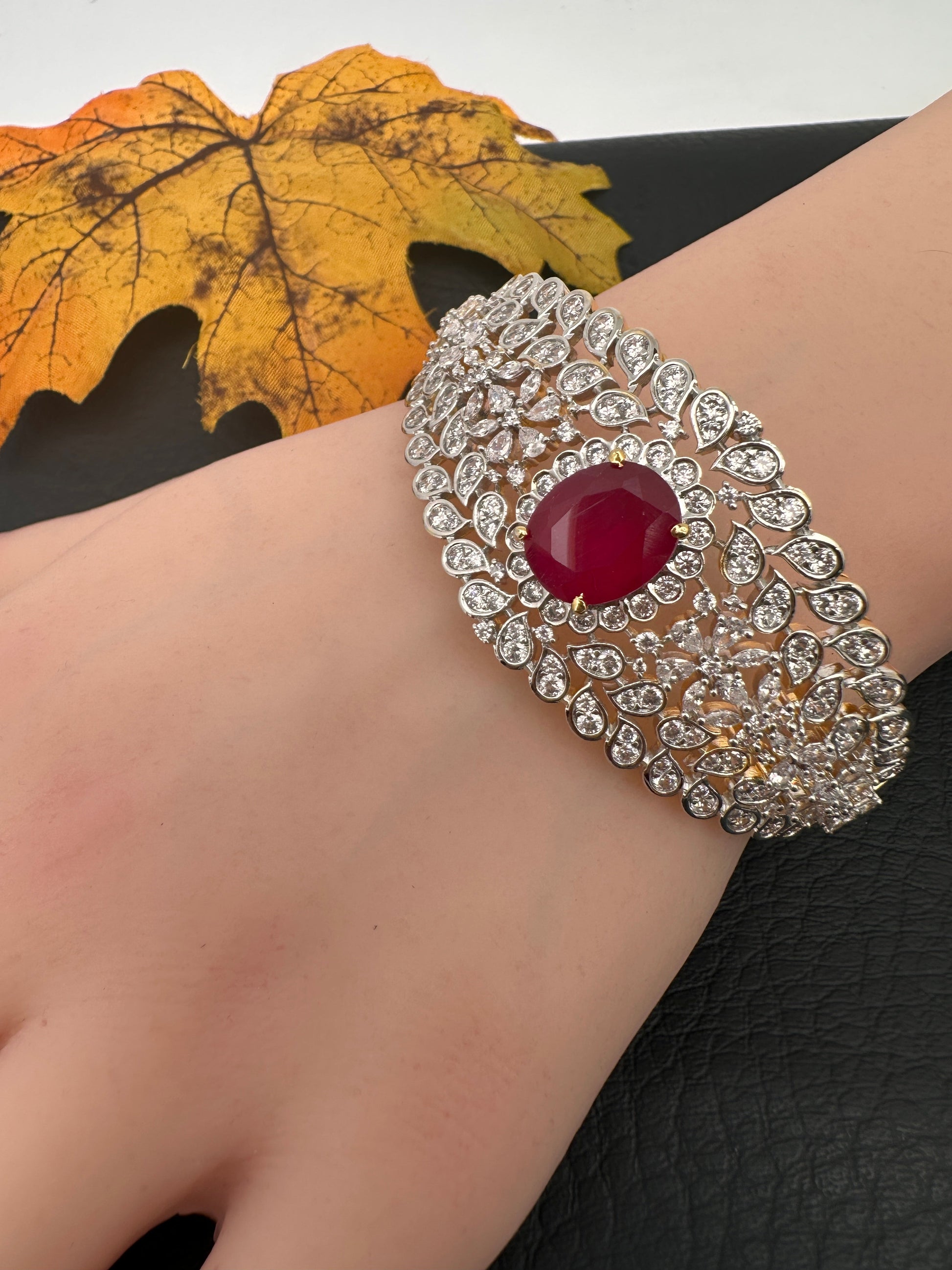 AD Diamond Openable Kada Bracelet - Red