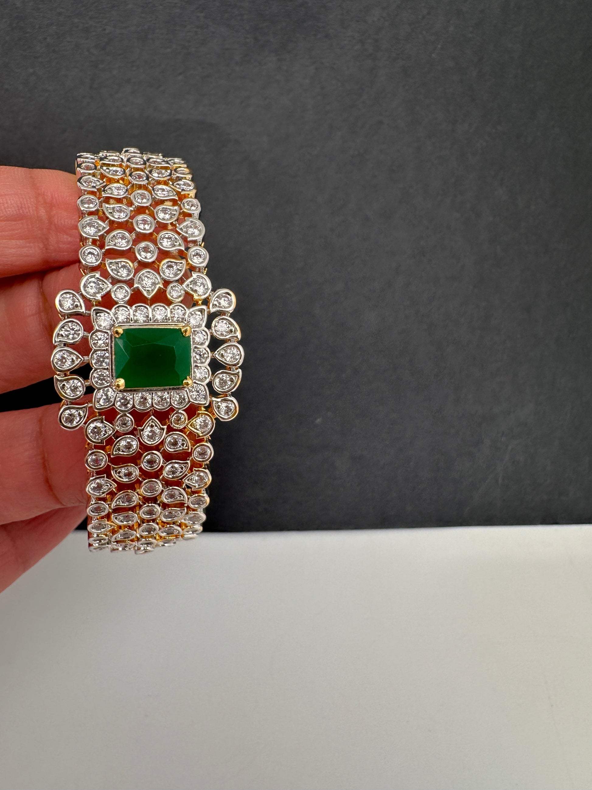 AD Diamond Openable Kada Bracelet - Green