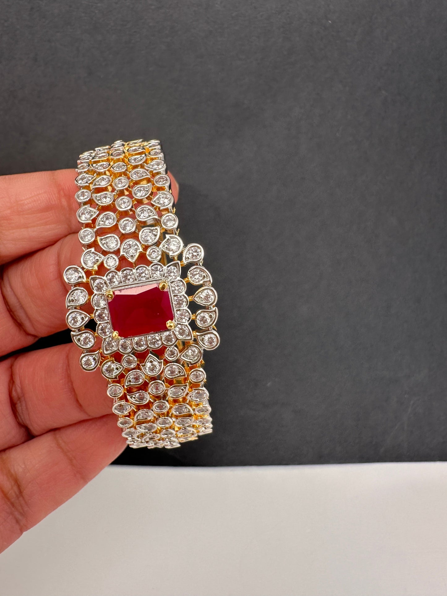 AD Diamond Openable Kada Bracelet - Red