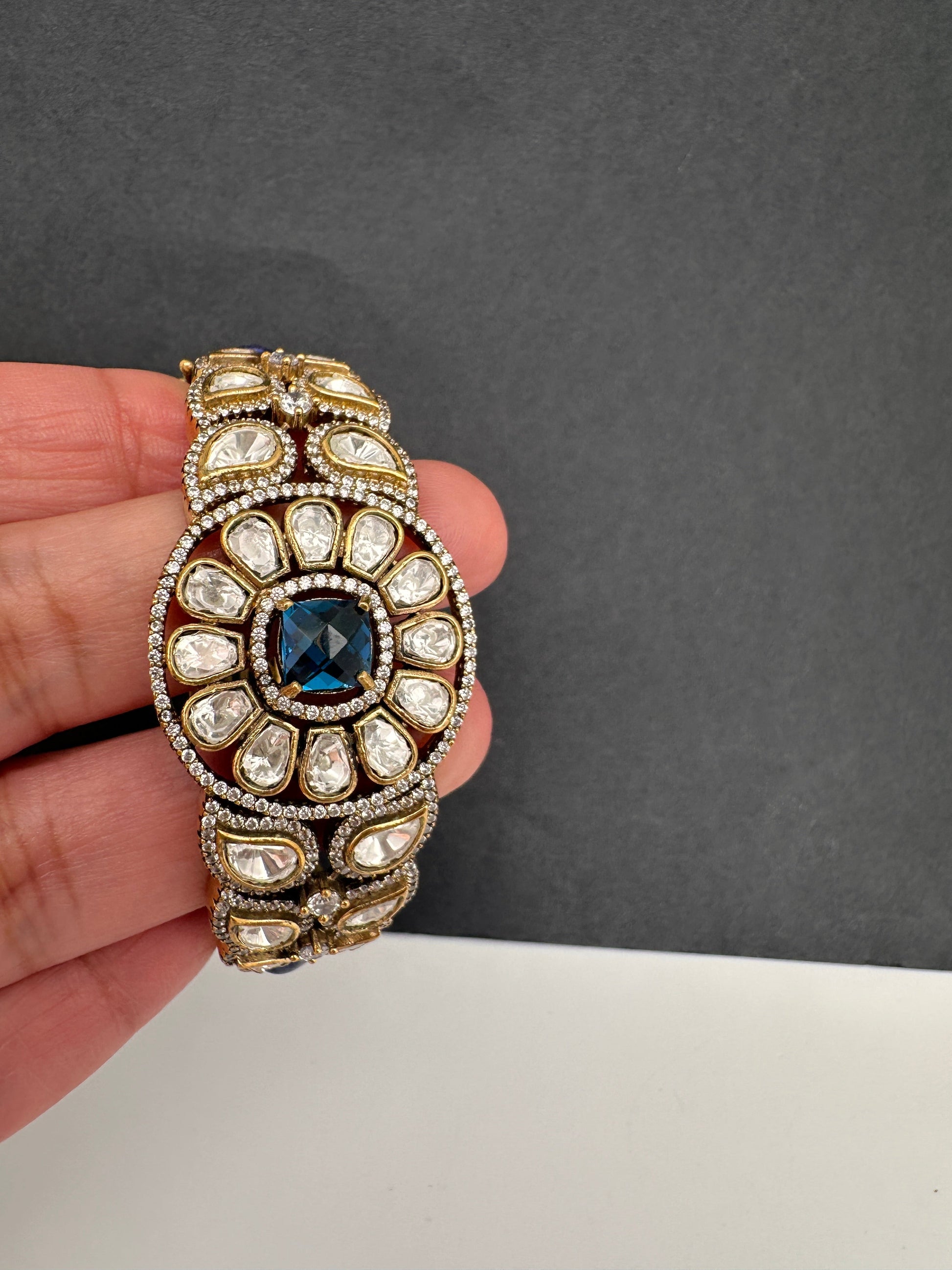 Kundan Color Stone Openable Kada Bracelet - Blue