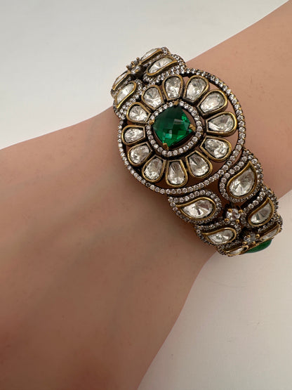 Kundan Color Stone Openable Kada Bracelet - Blue