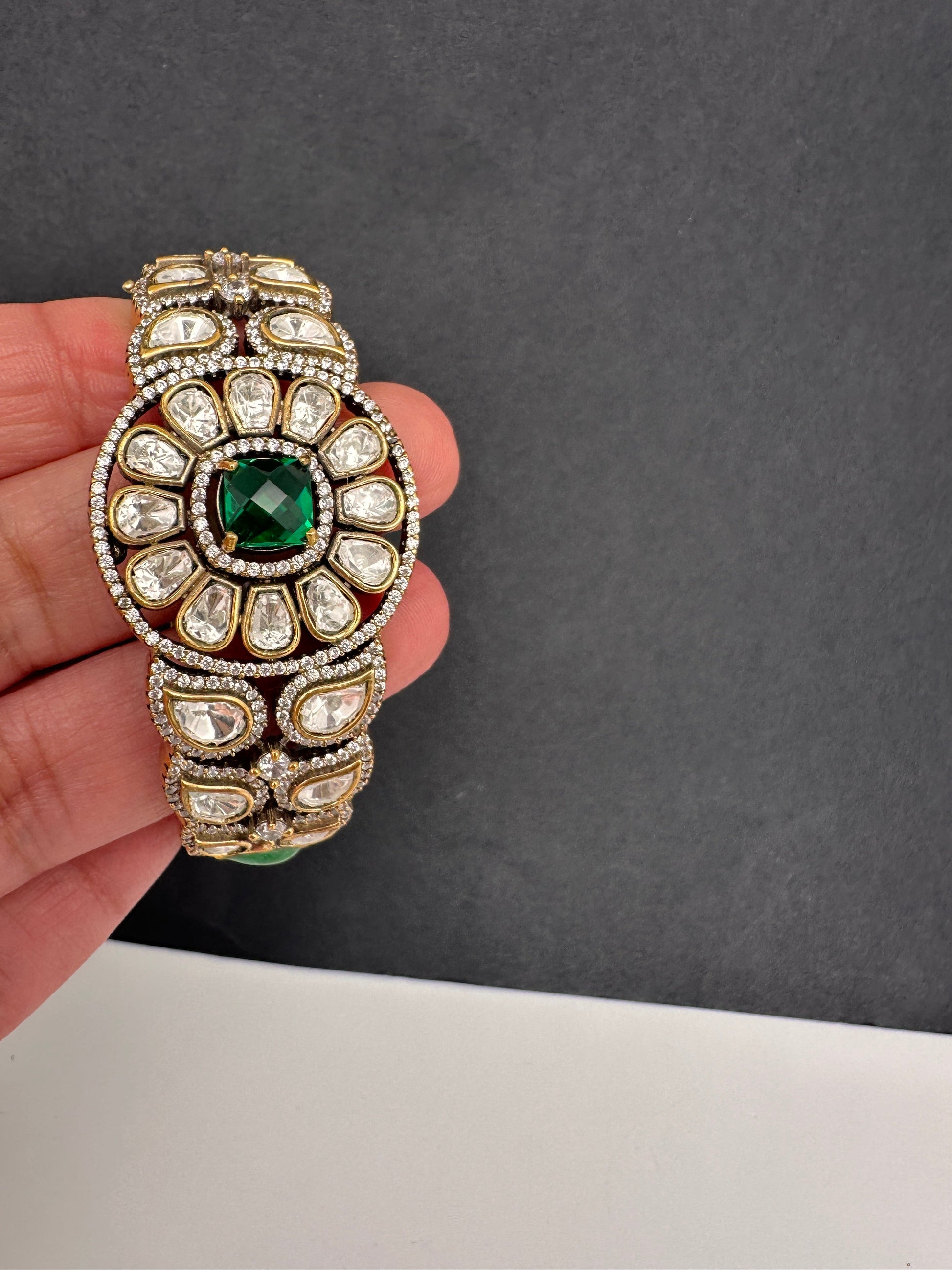 Kundan Color Stone Openable Kada Bracelet - Green