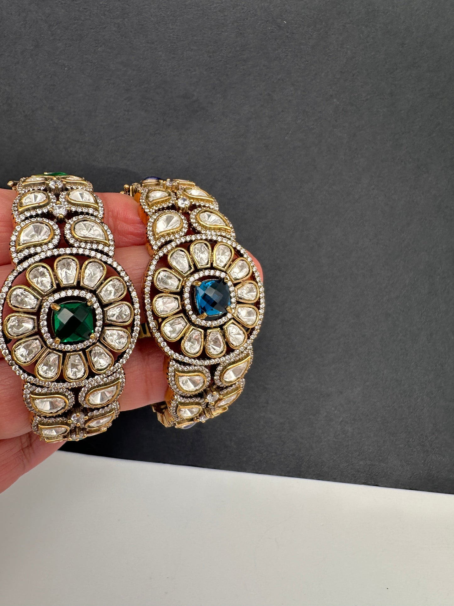 Kundan Color Stone Openable Kada Bracelet - Green