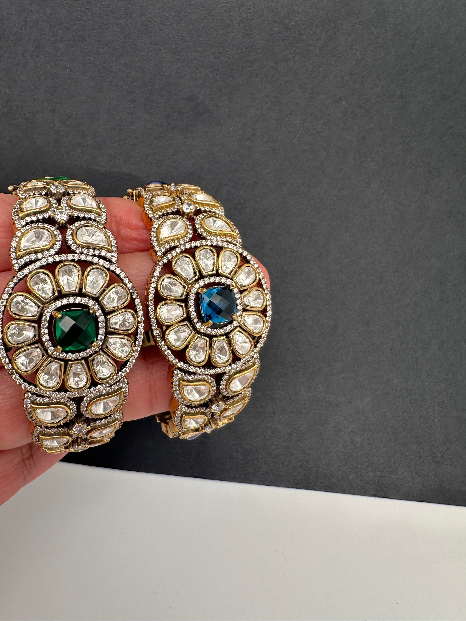 Kundan Color Stone Openable Kada Bracelet - Green