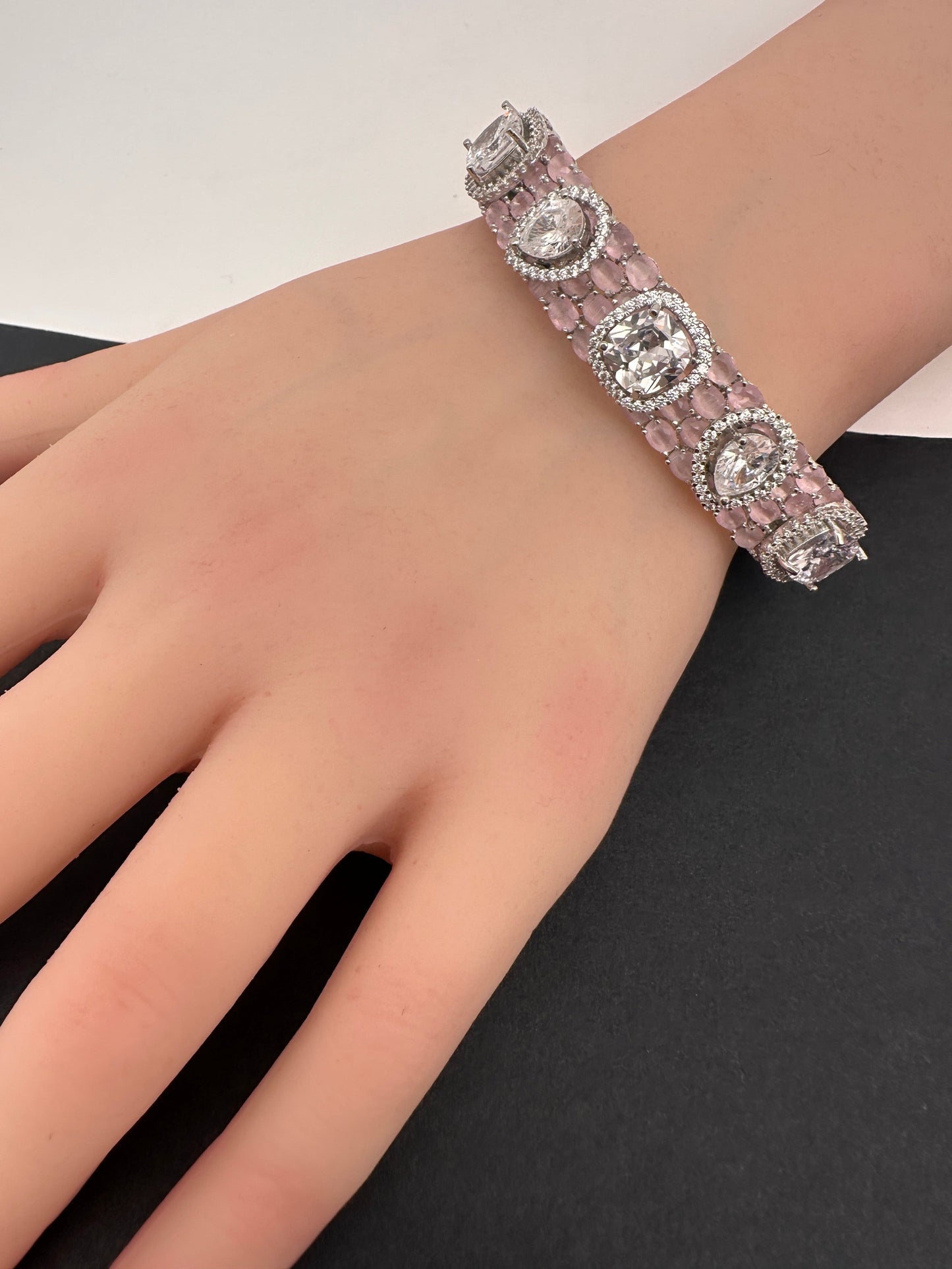 Moissanite AD Color Stone Openable Silver Bracelet - Pink