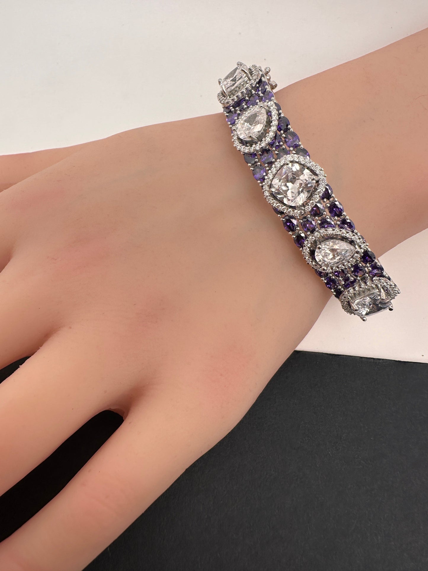 Moissanite AD Color Stone Openable Silver Bracelet - Purple