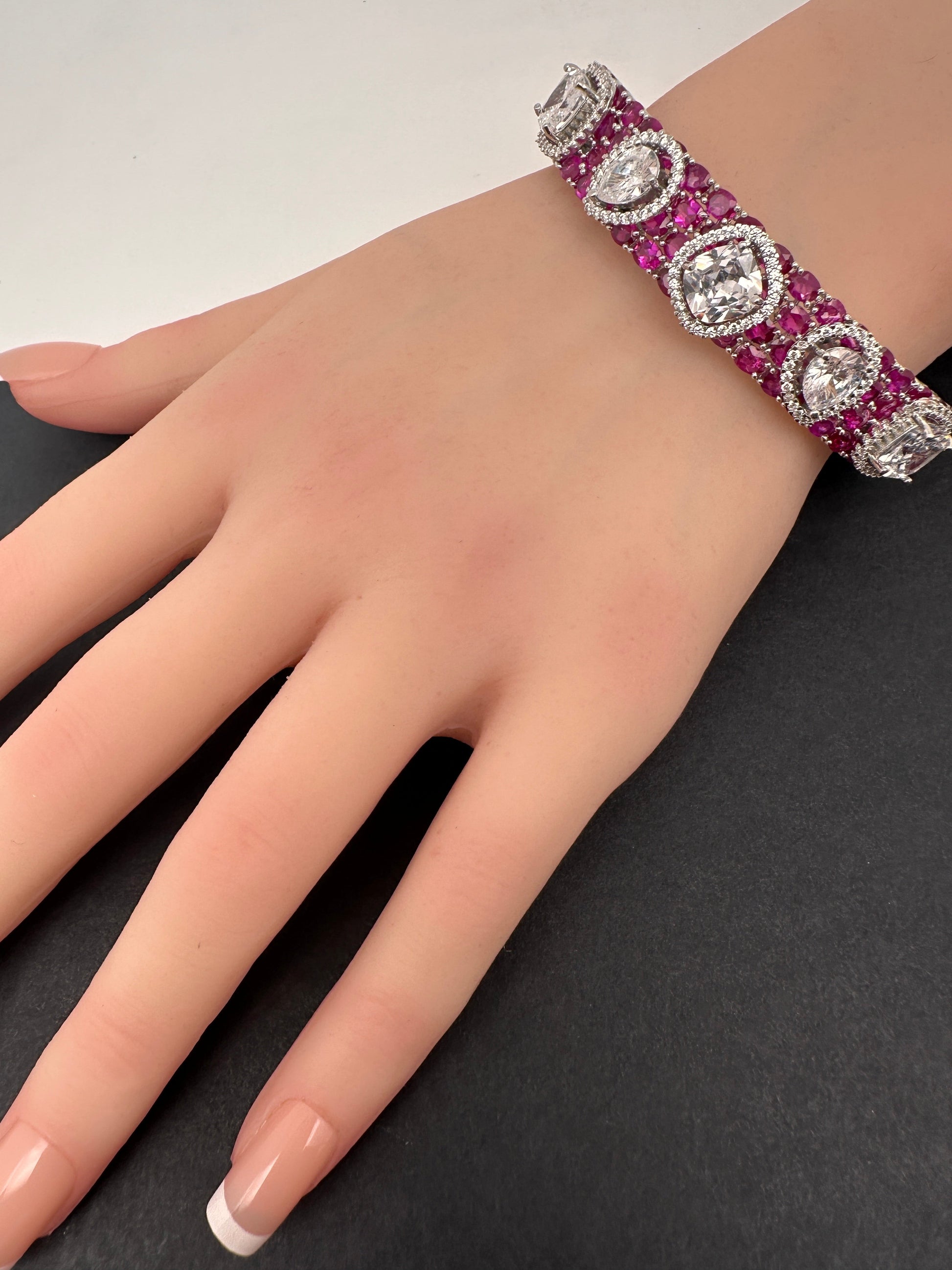 Moissanite AD Color Stone Openable Silver Bracelet - Red