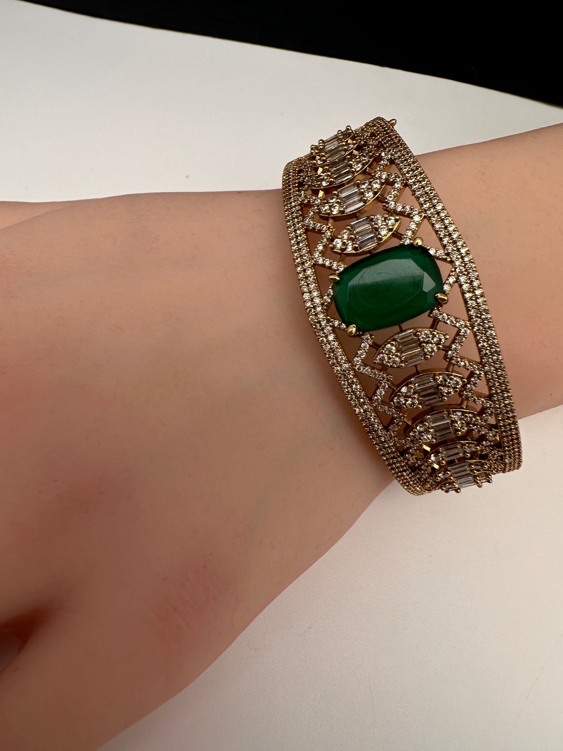 AD Color Stone Openable Matte Kada Bracelet - Green