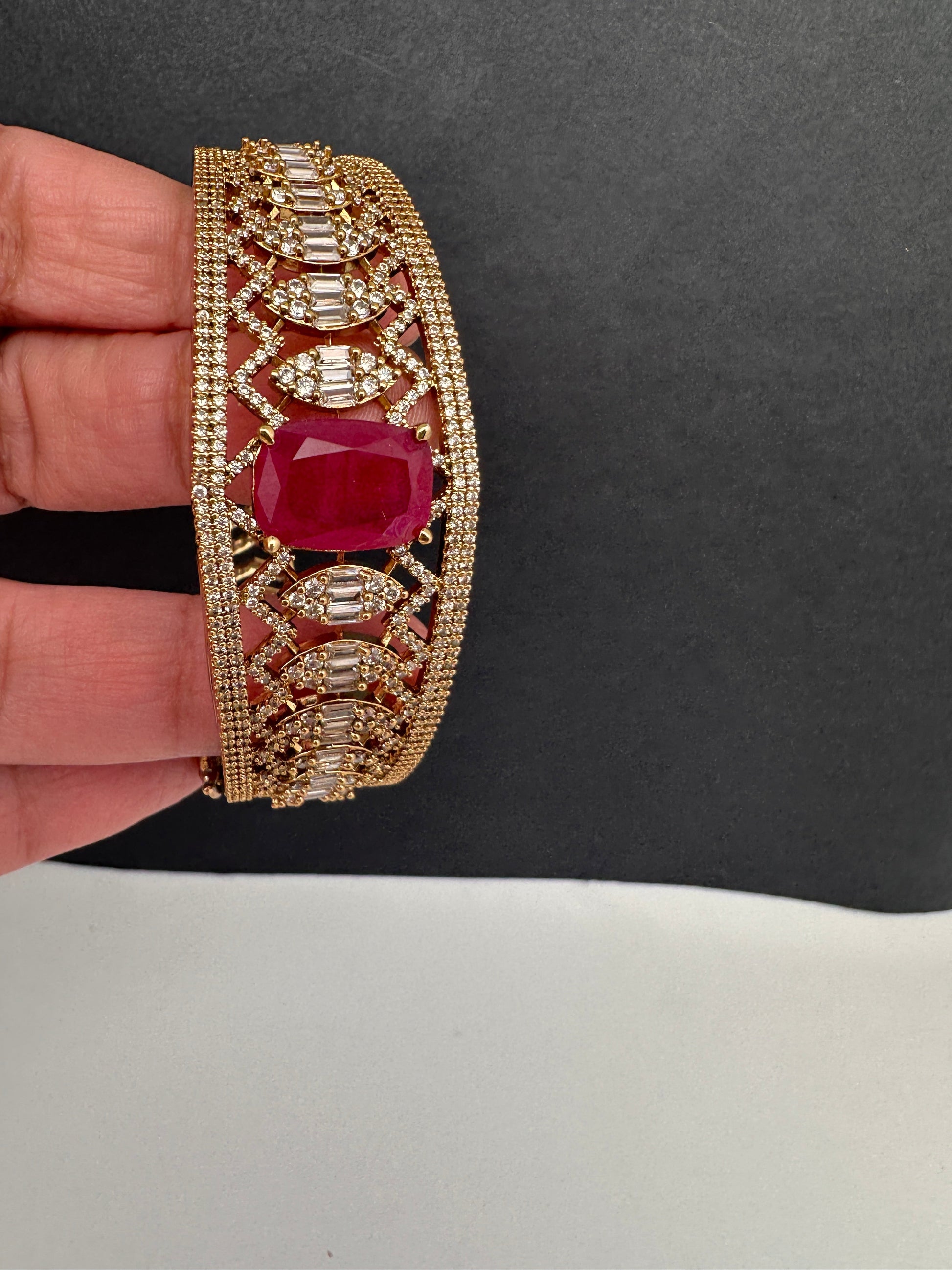 AD Color Stone Openable Matte Kada Bracelet - Red