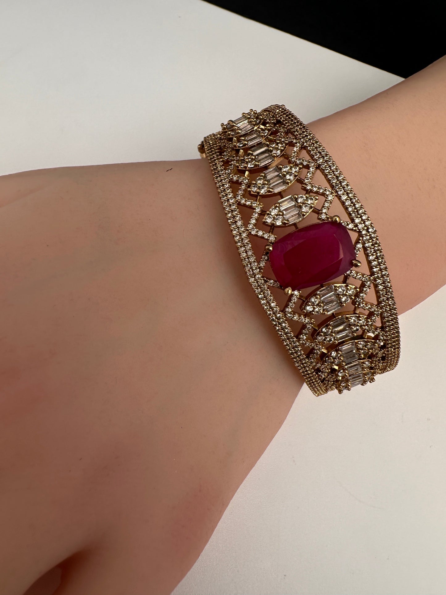 AD Color Stone Openable Matte Kada Bracelet - Red