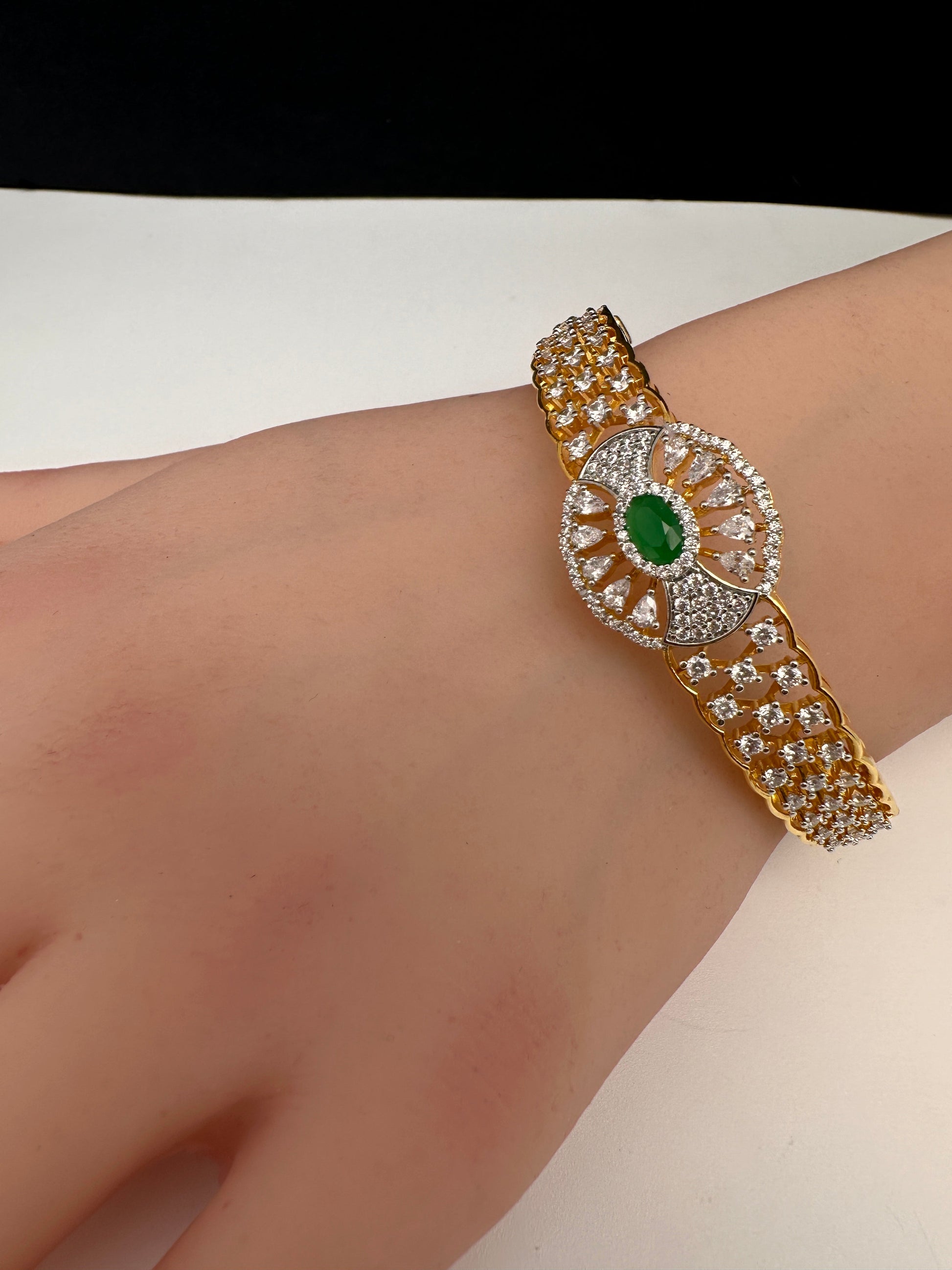 AD Diamond Openable Kada Bracelet - Green