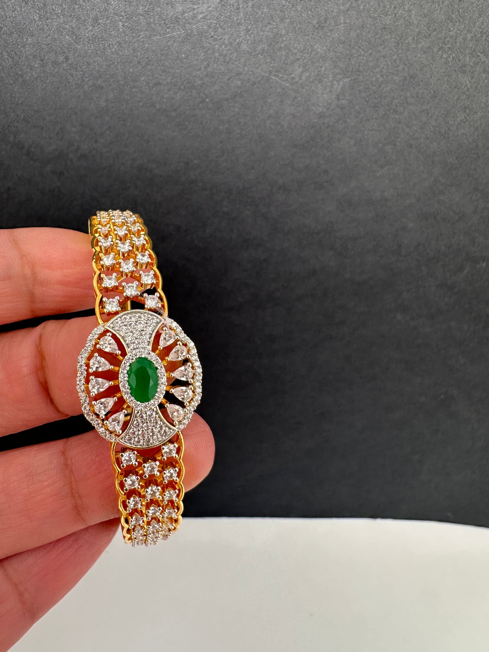 AD Diamond Openable Kada Bracelet - Green