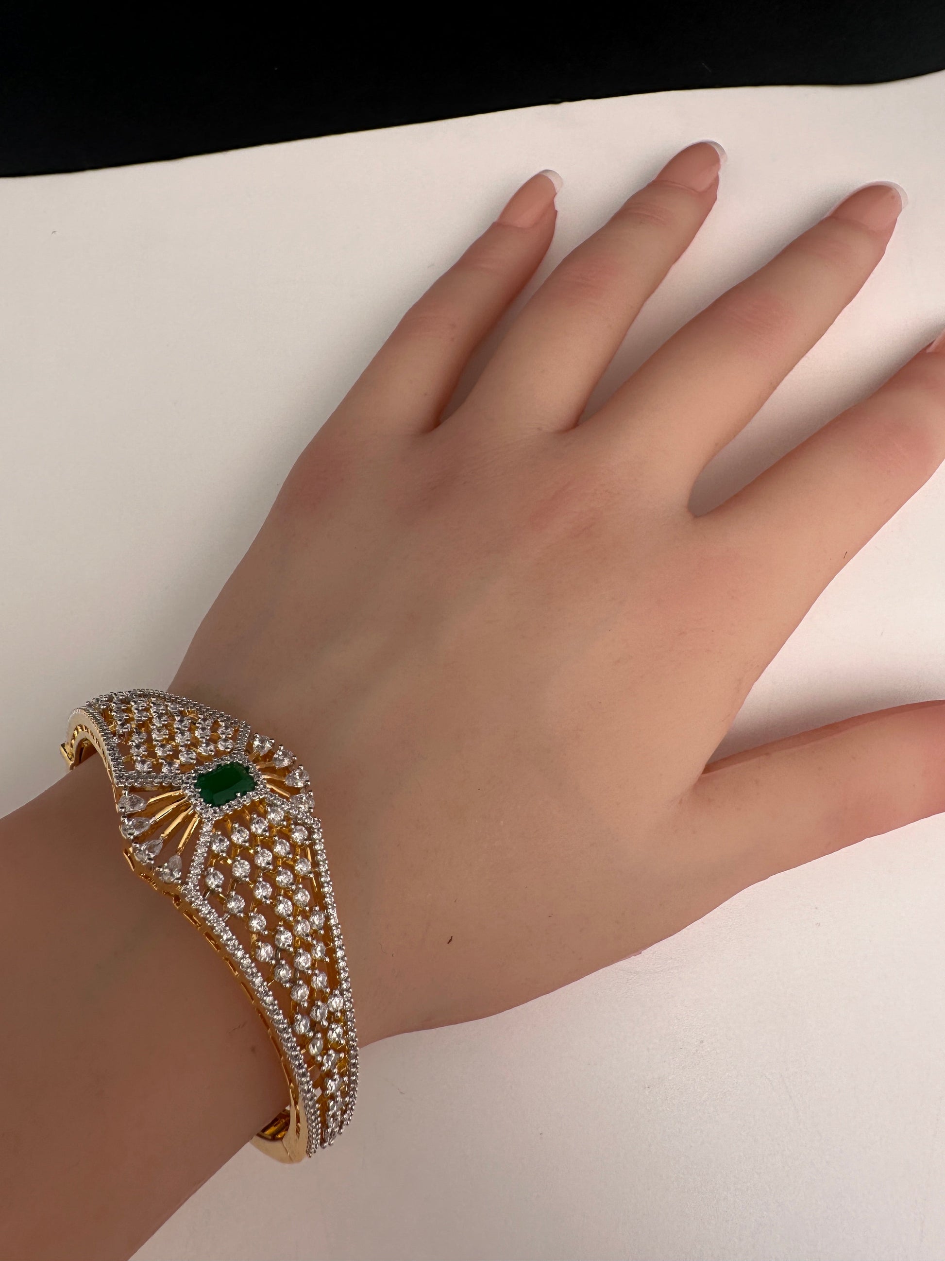 AD Diamond Openable Kada Bracelet - Green