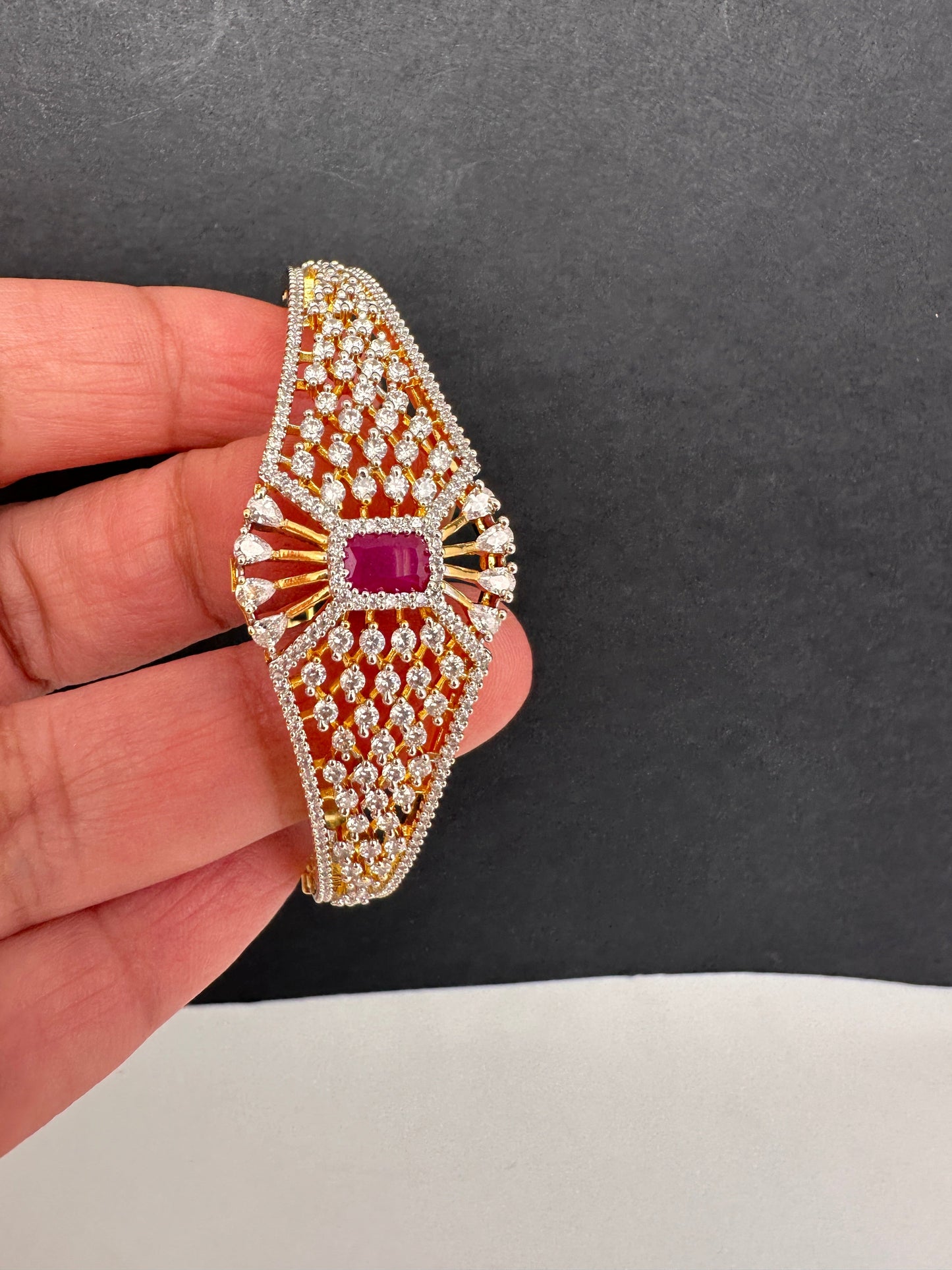 AD Diamond Openable Kada Bracelet - Red