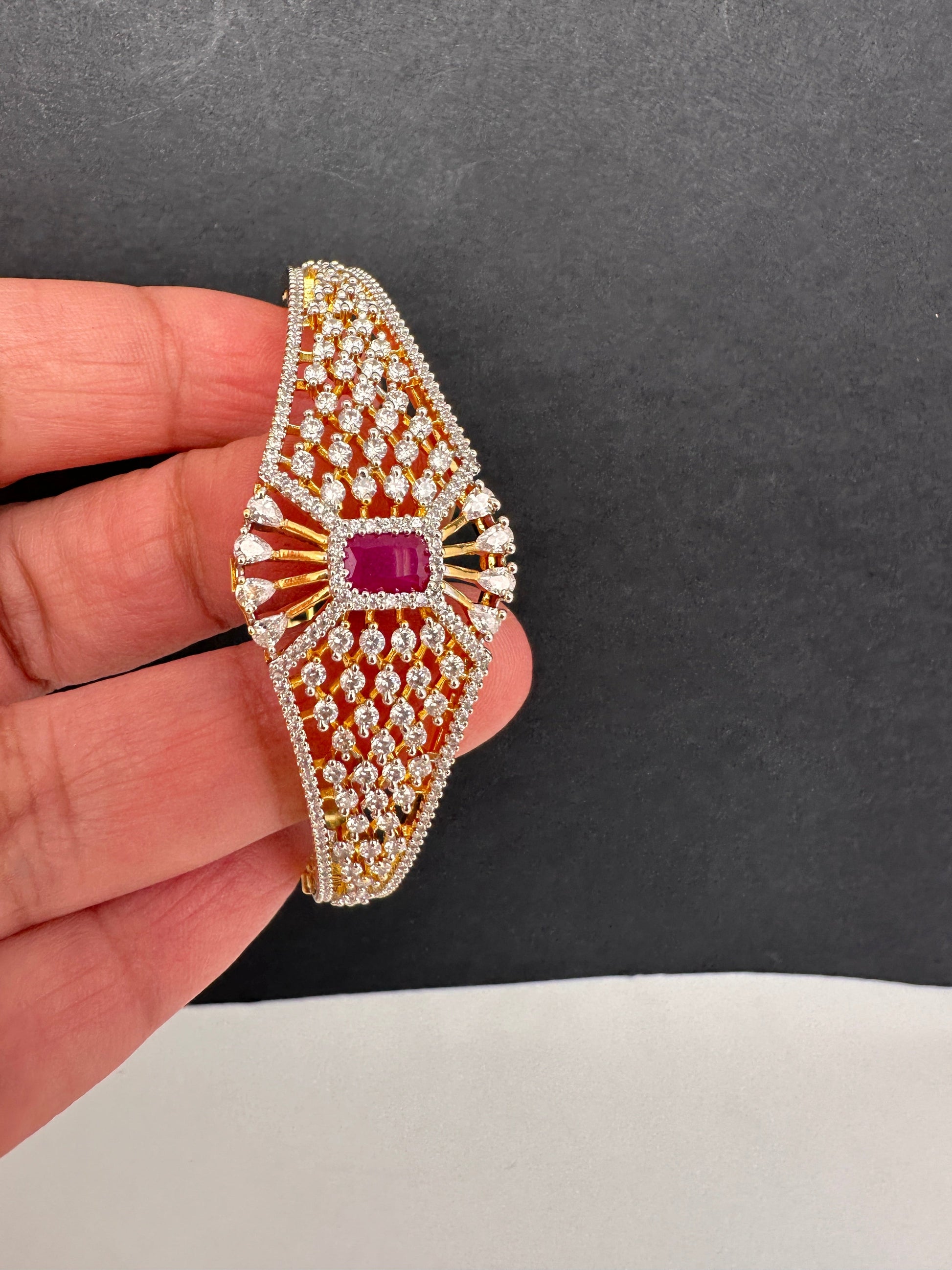 AD Diamond Openable Kada Bracelet - Red