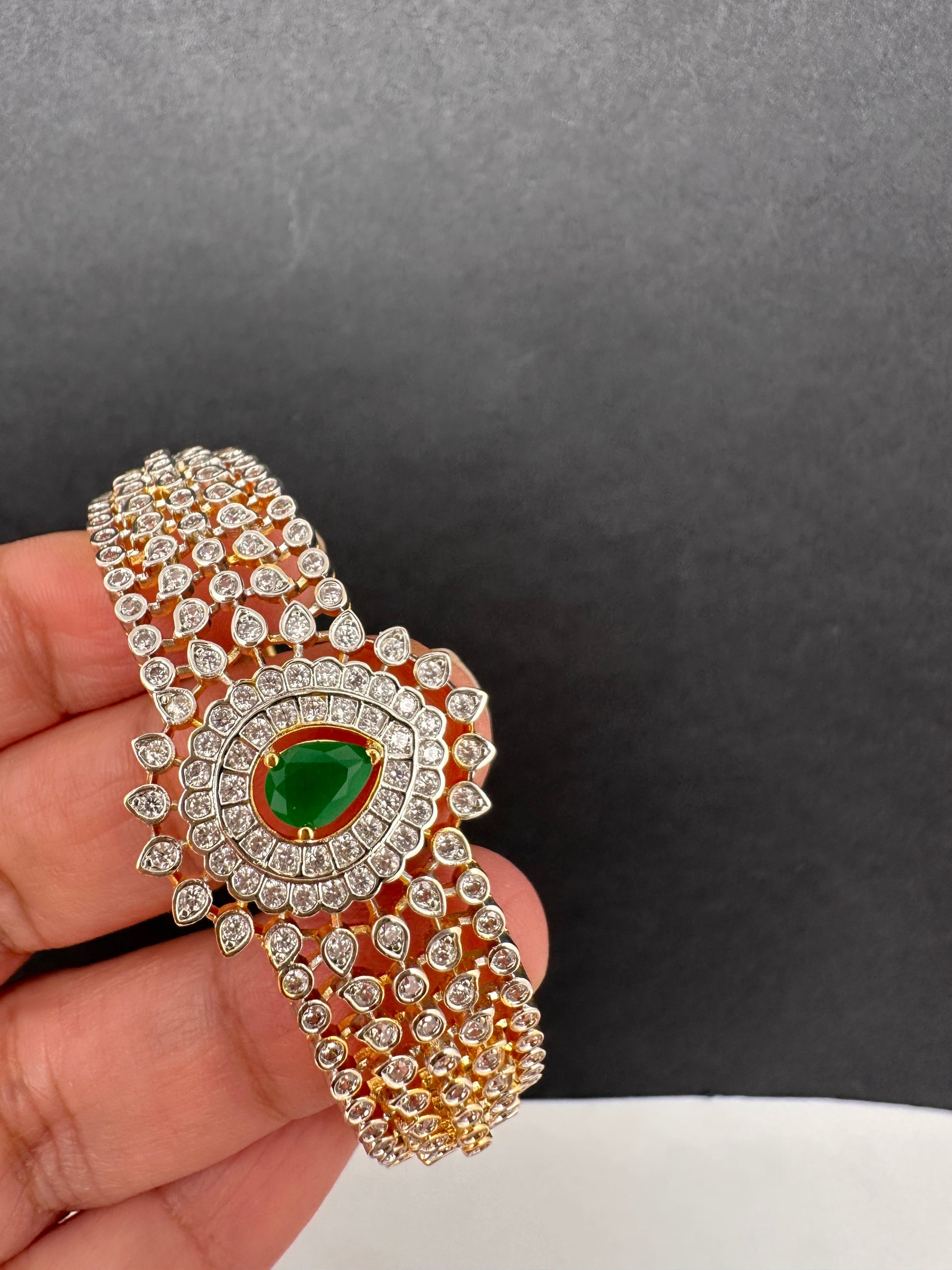 AD Diamond Openable Kada Bracelet - Green
