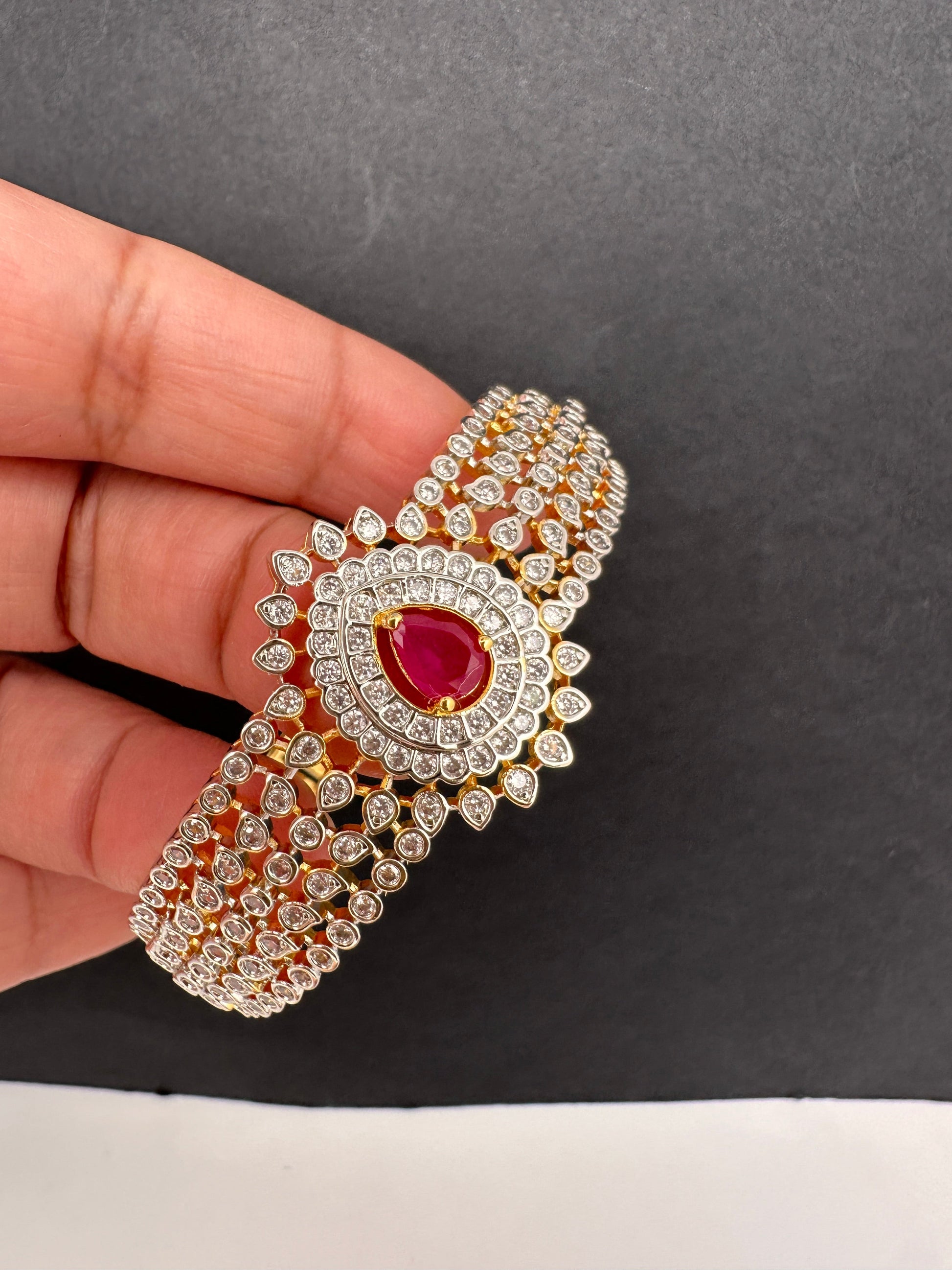 AD Diamond Openable Kada Bracelet - Red