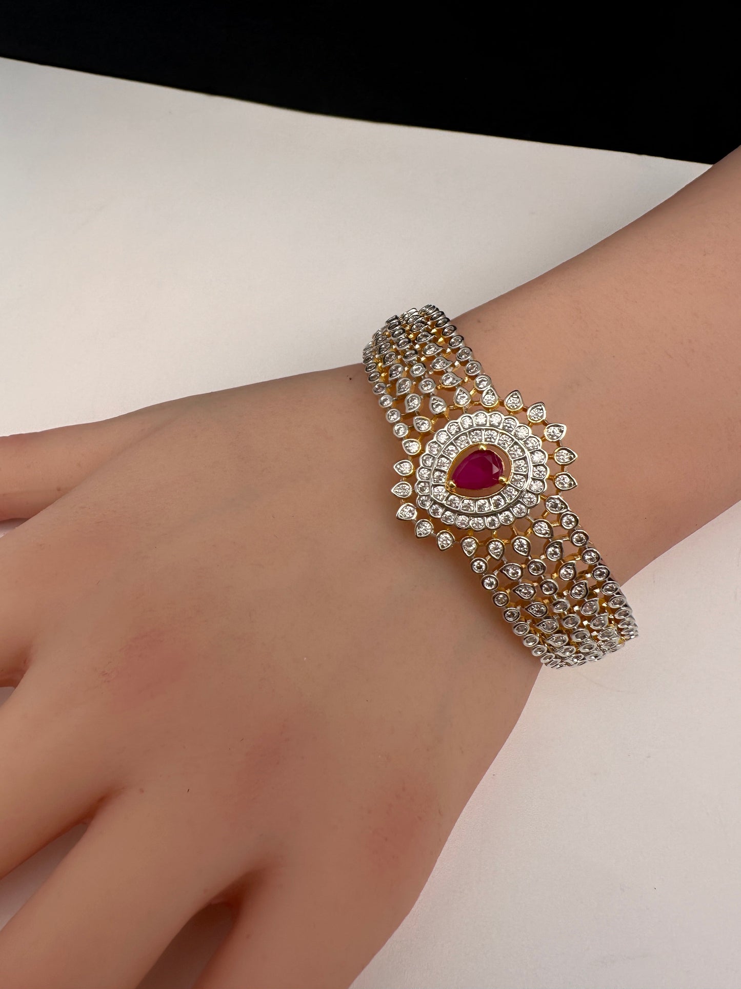 AD Diamond Openable Kada Bracelet - Red