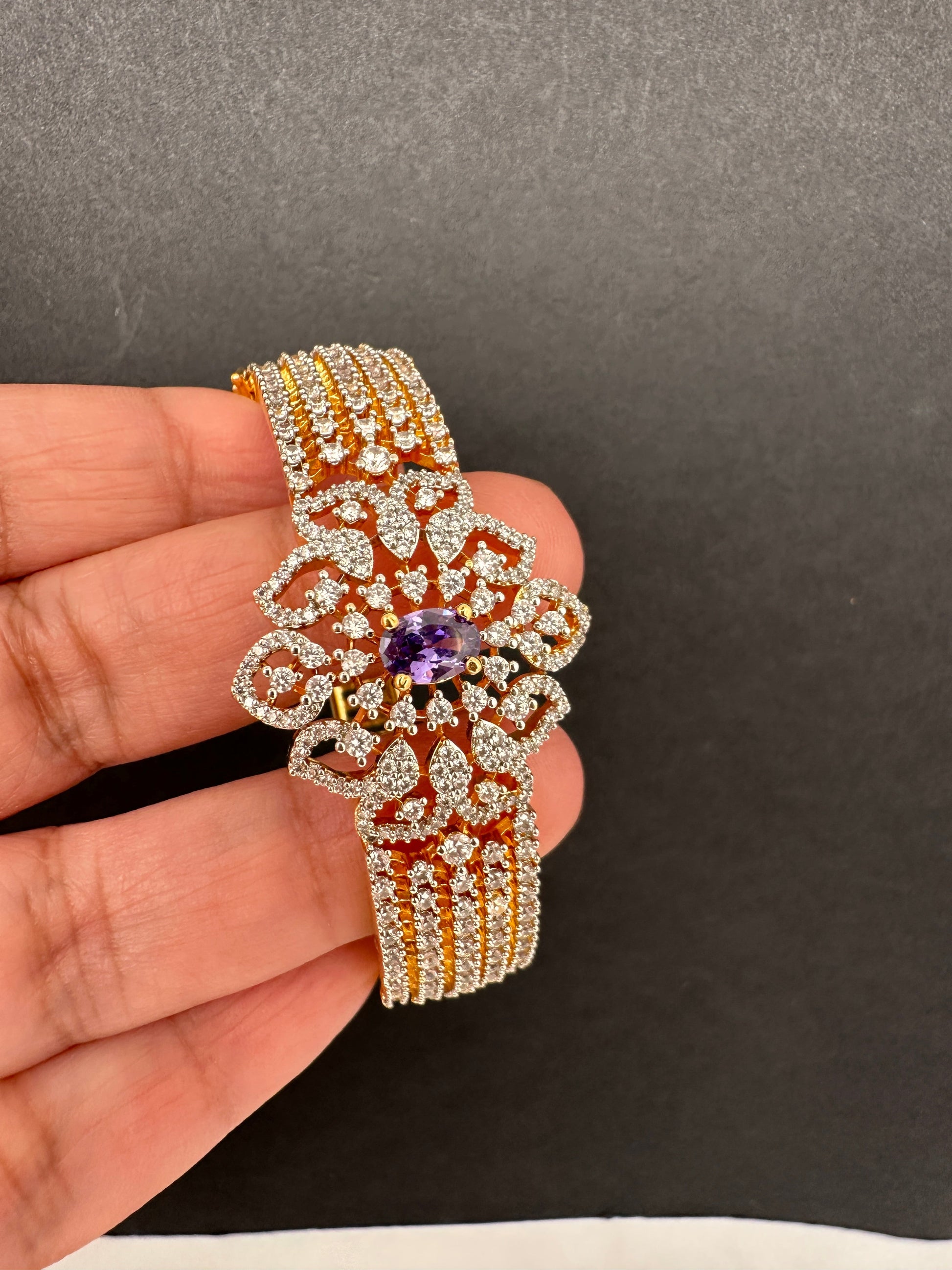 AD Diamond Openable Kada Bracelet - Purple