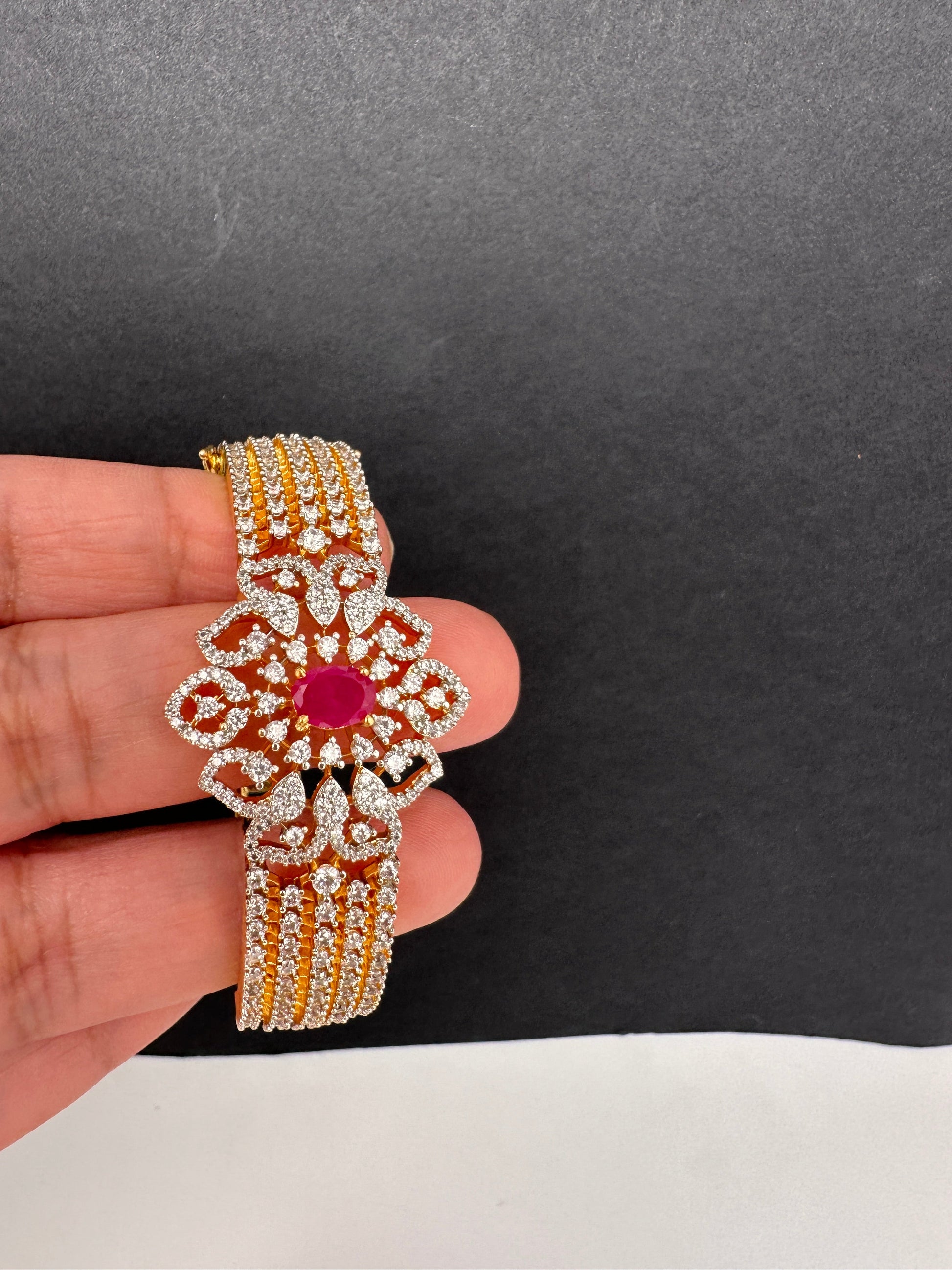 AD Diamond Openable Kada Bracelet - Red