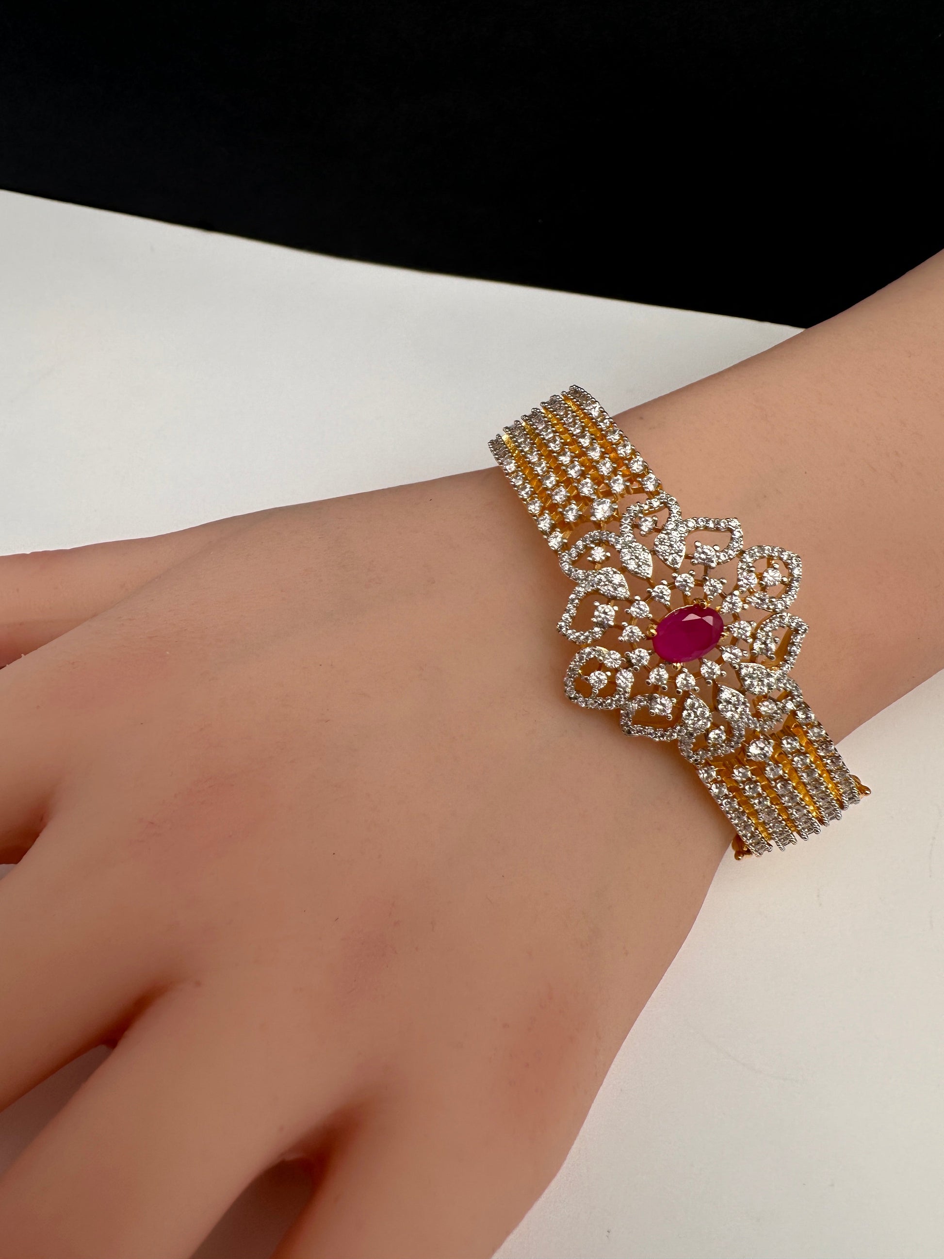 AD Diamond Openable Kada Bracelet - Red