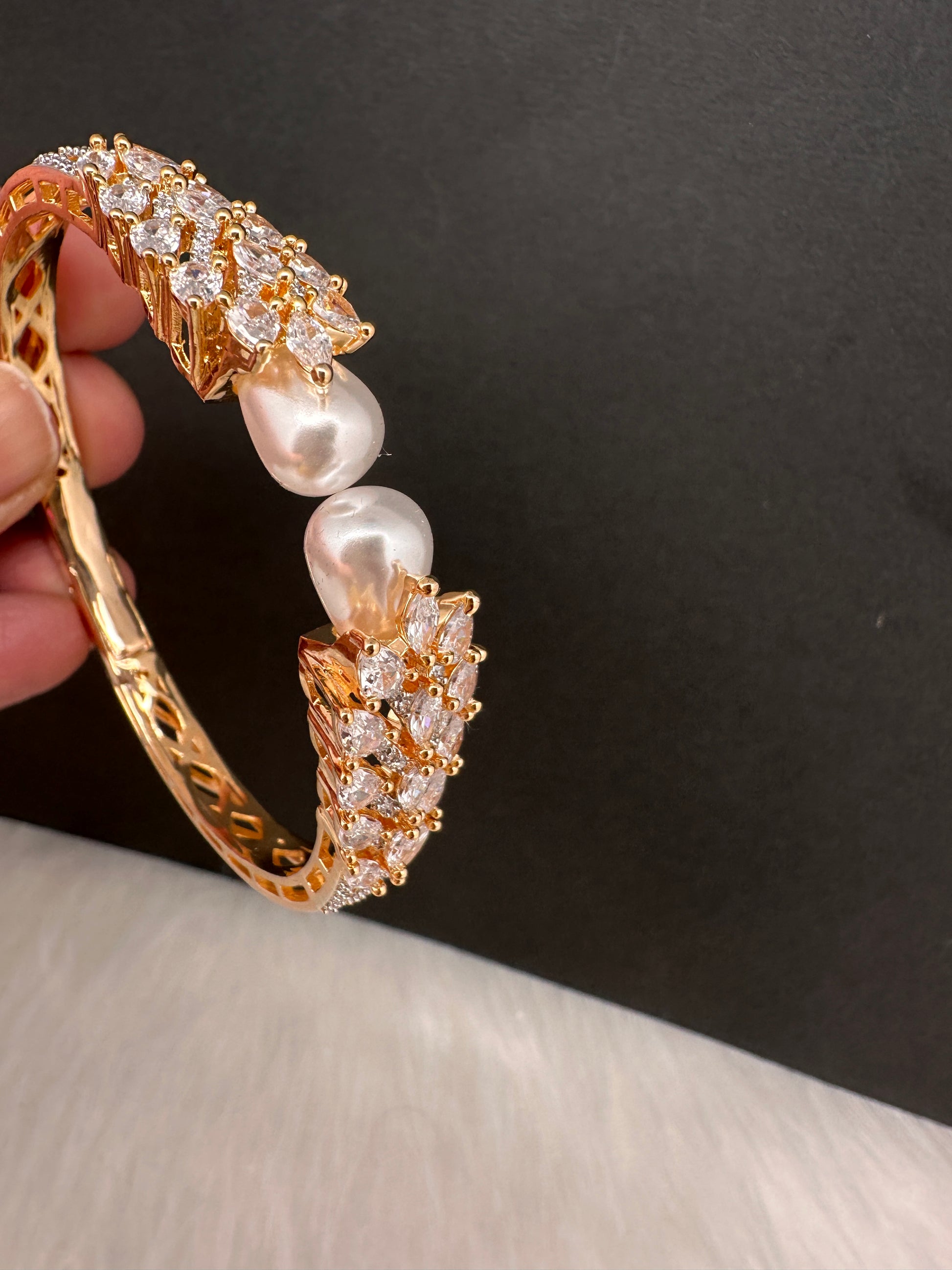 AD Diamond Pearl Openable Kada Bracelet - 