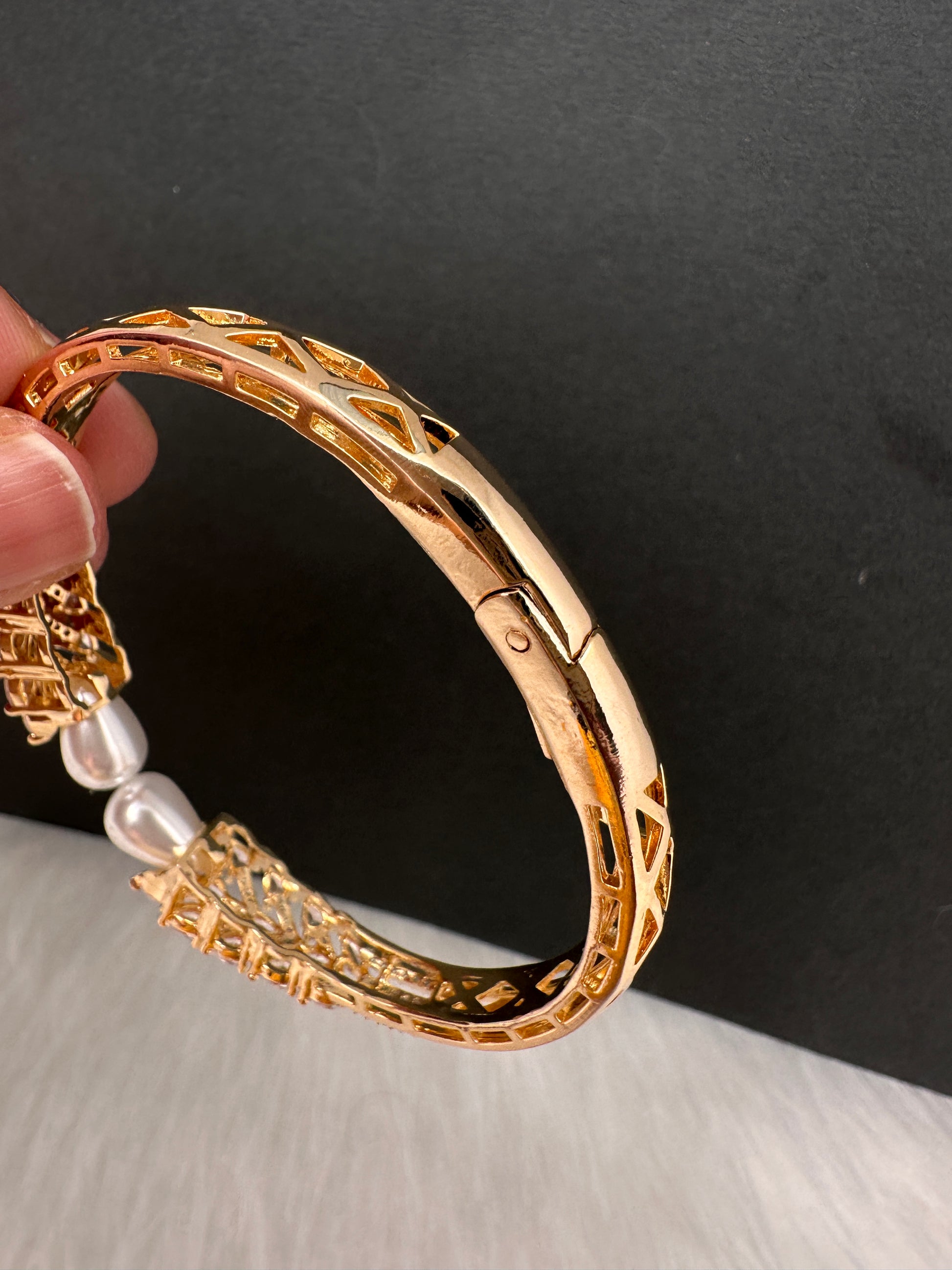 AD Diamond Pearl Openable Kada Bracelet - 