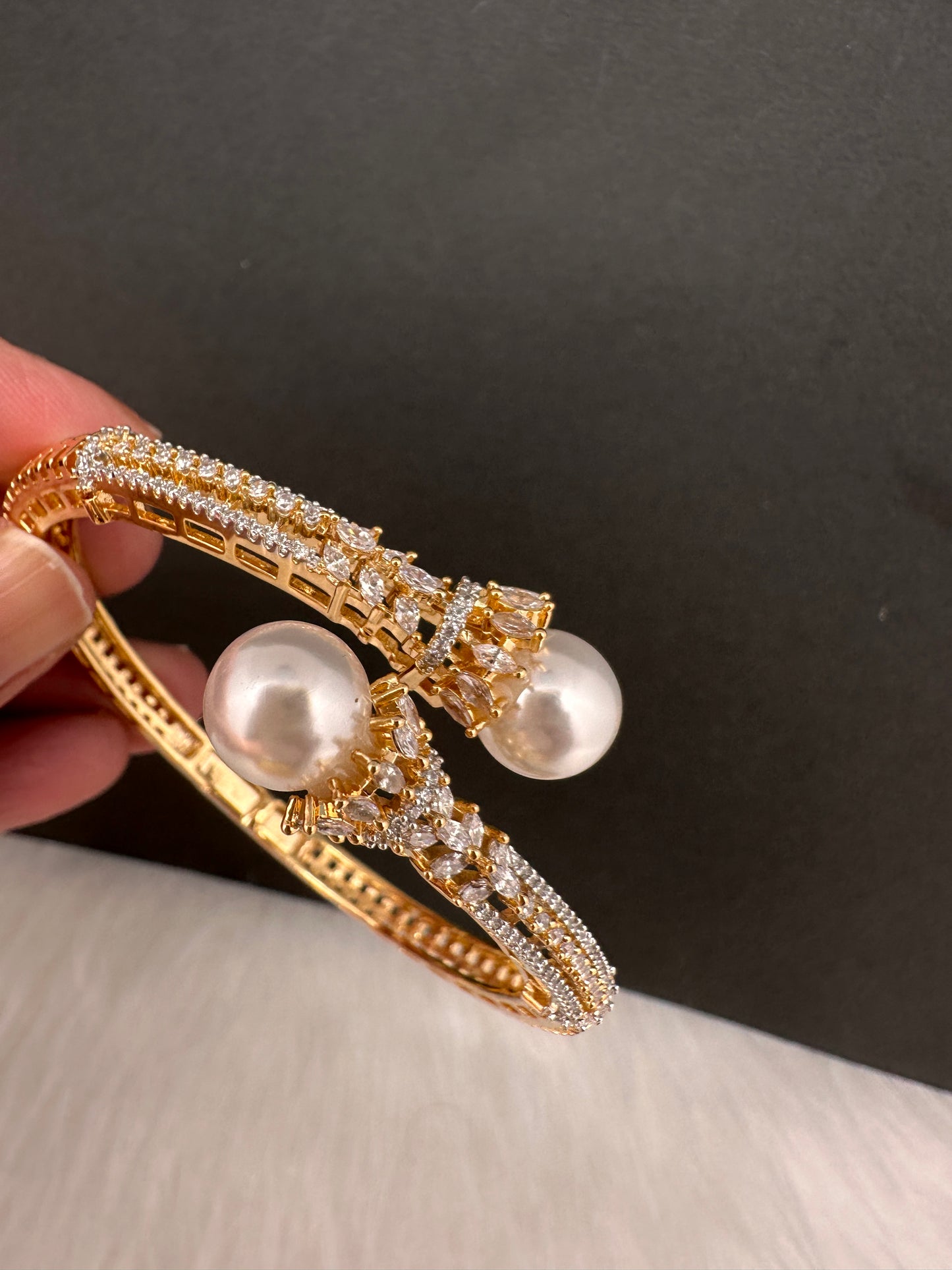AD Diamond Pearl Openable Kada Bracelet - 