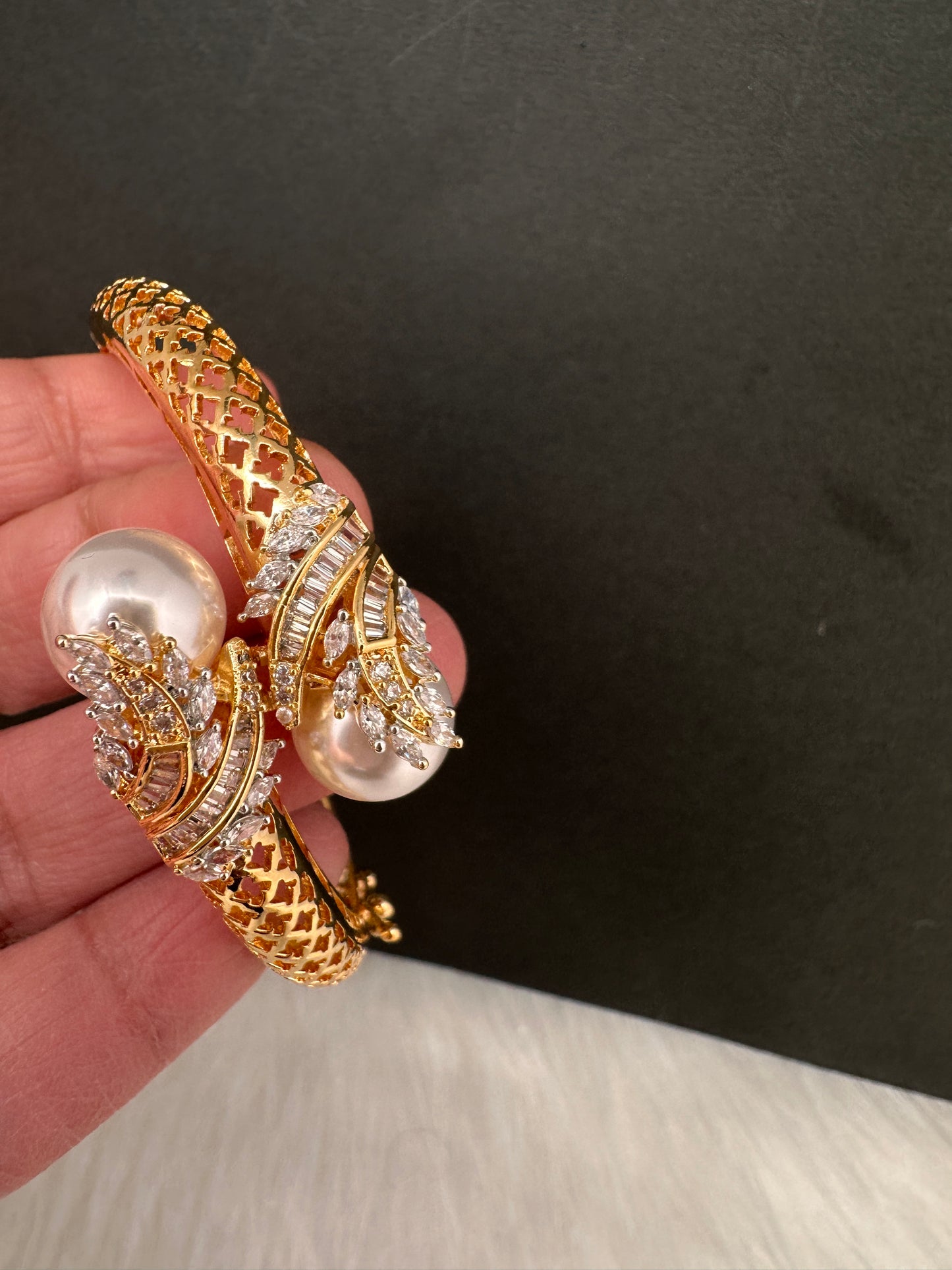 AD Diamond Pearl Openable Kada Bracelet - 