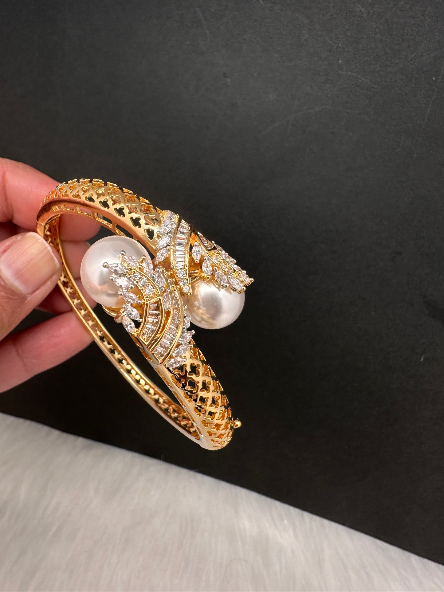 AD Diamond Pearl Openable Kada Bracelet - 