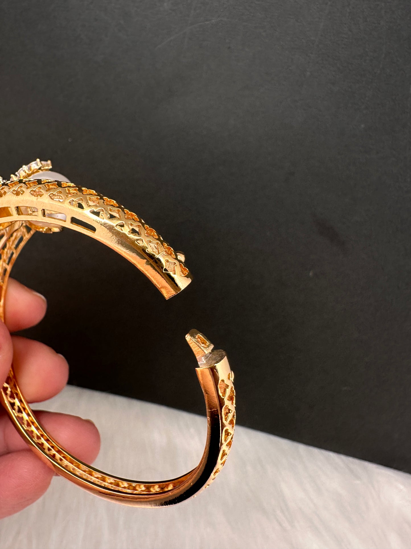 AD Diamond Pearl Openable Kada Bracelet - 