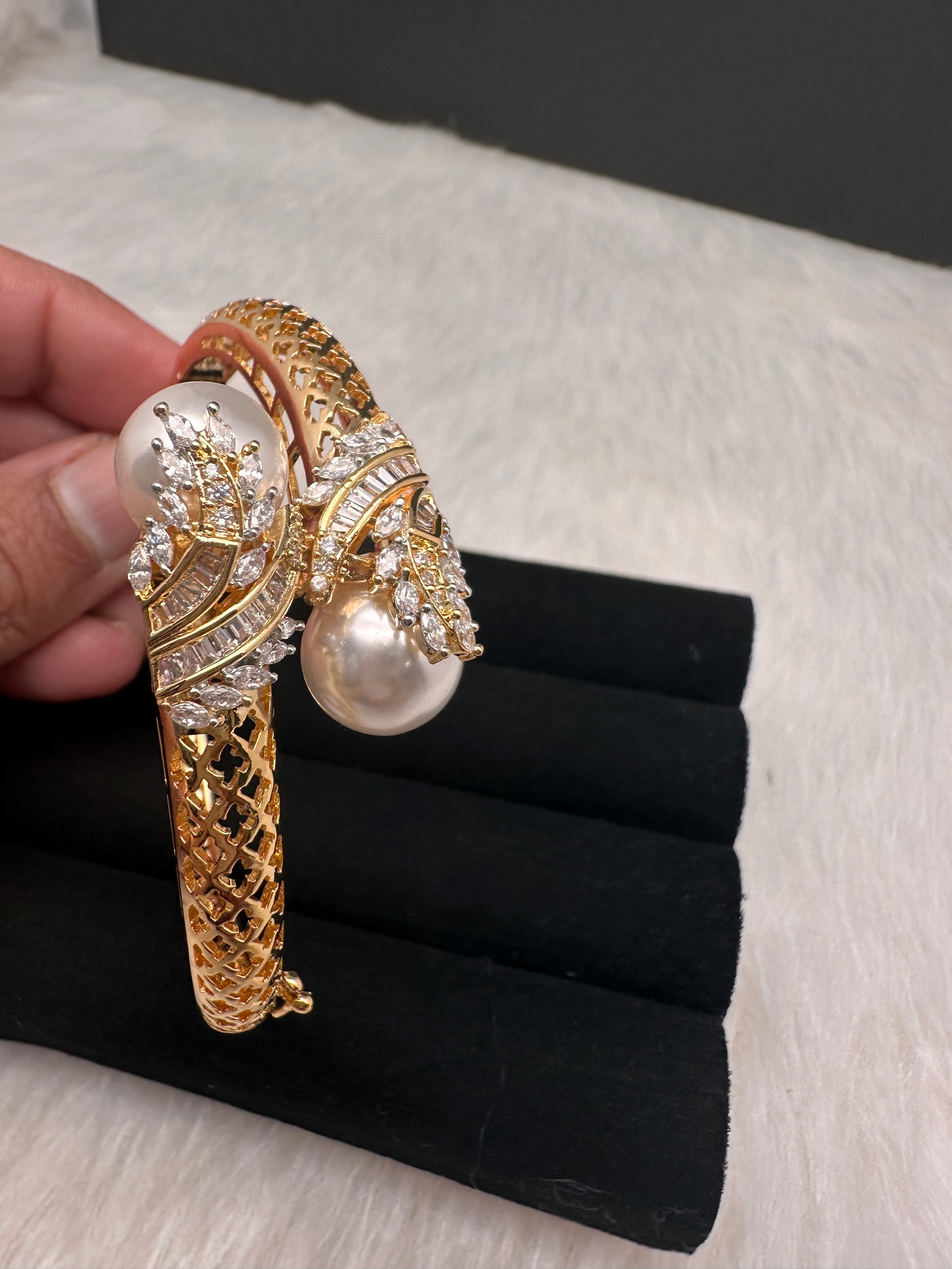 AD Diamond Pearl Openable Kada Bracelet - 