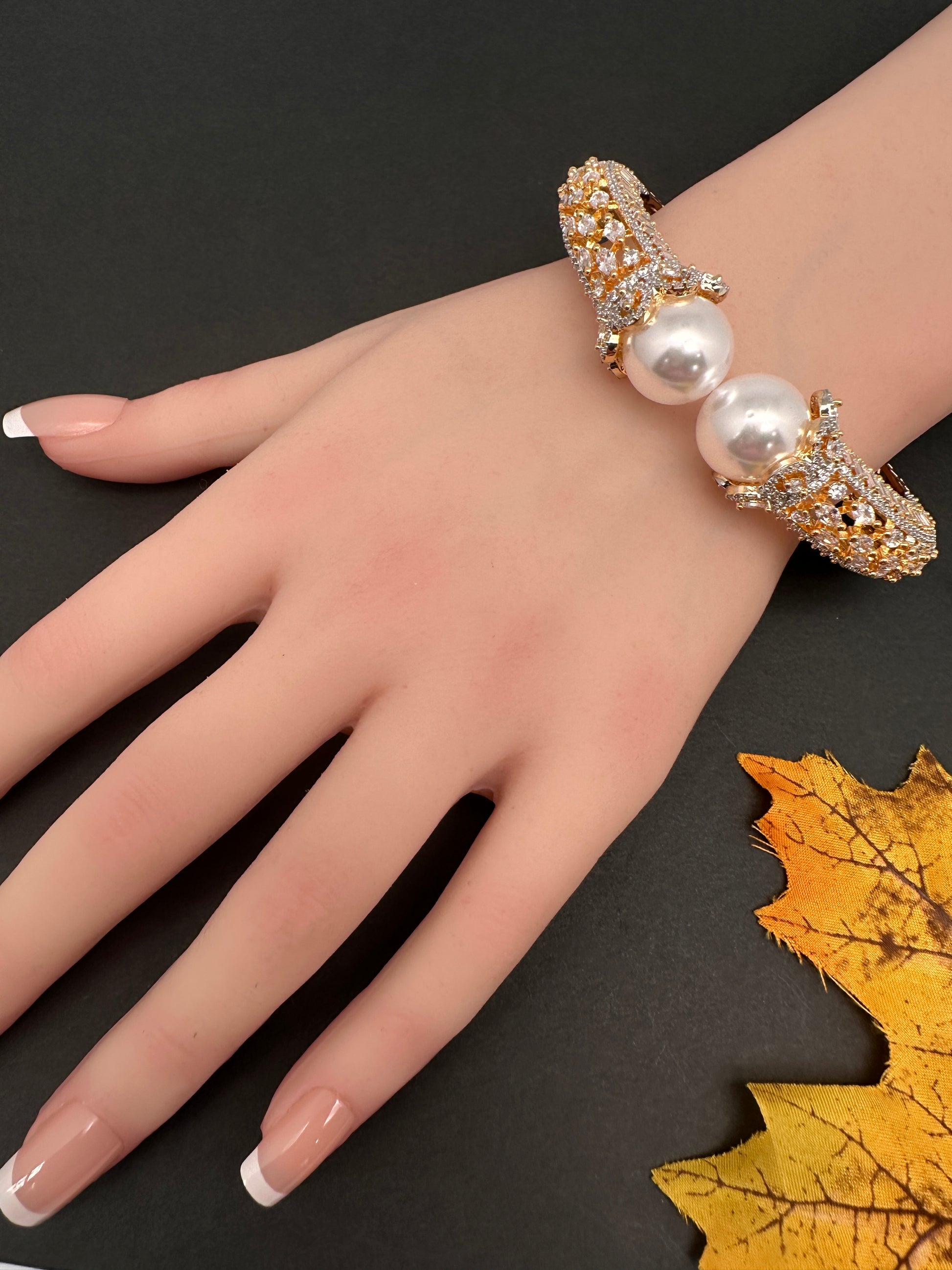 AD Diamond Pearl Openable Kada Bracelet - 