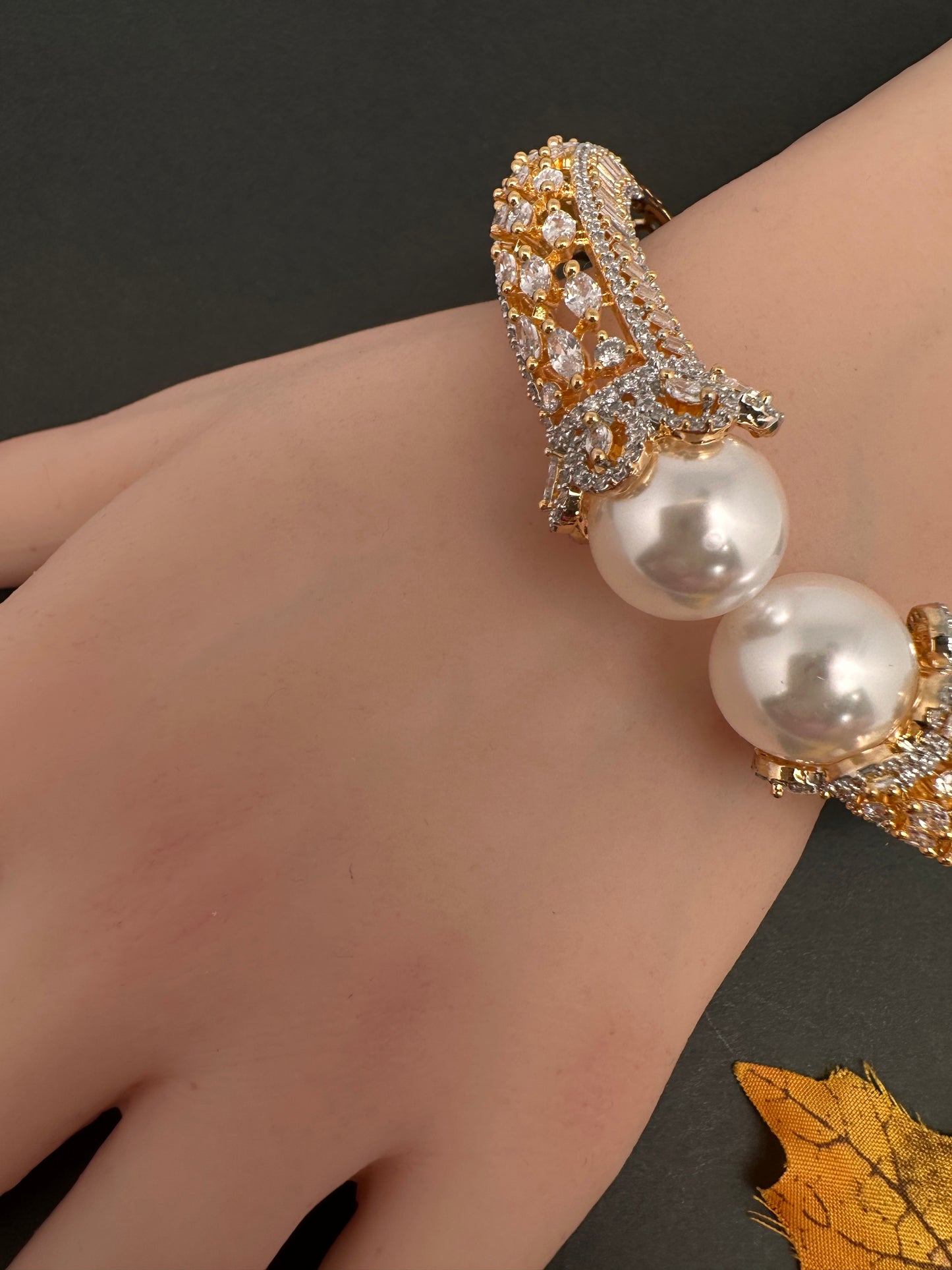 AD Diamond Pearl Openable Kada Bracelet - 