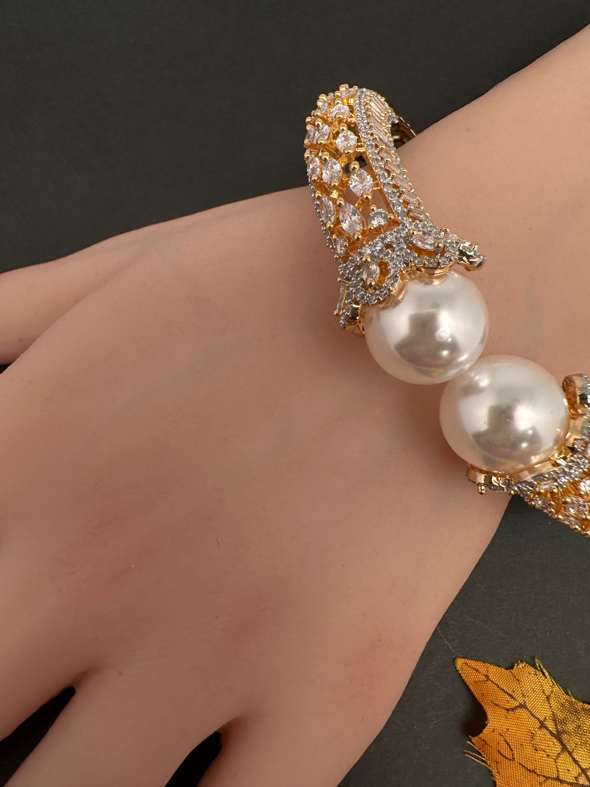 AD Diamond Pearl Openable Kada Bracelet - 