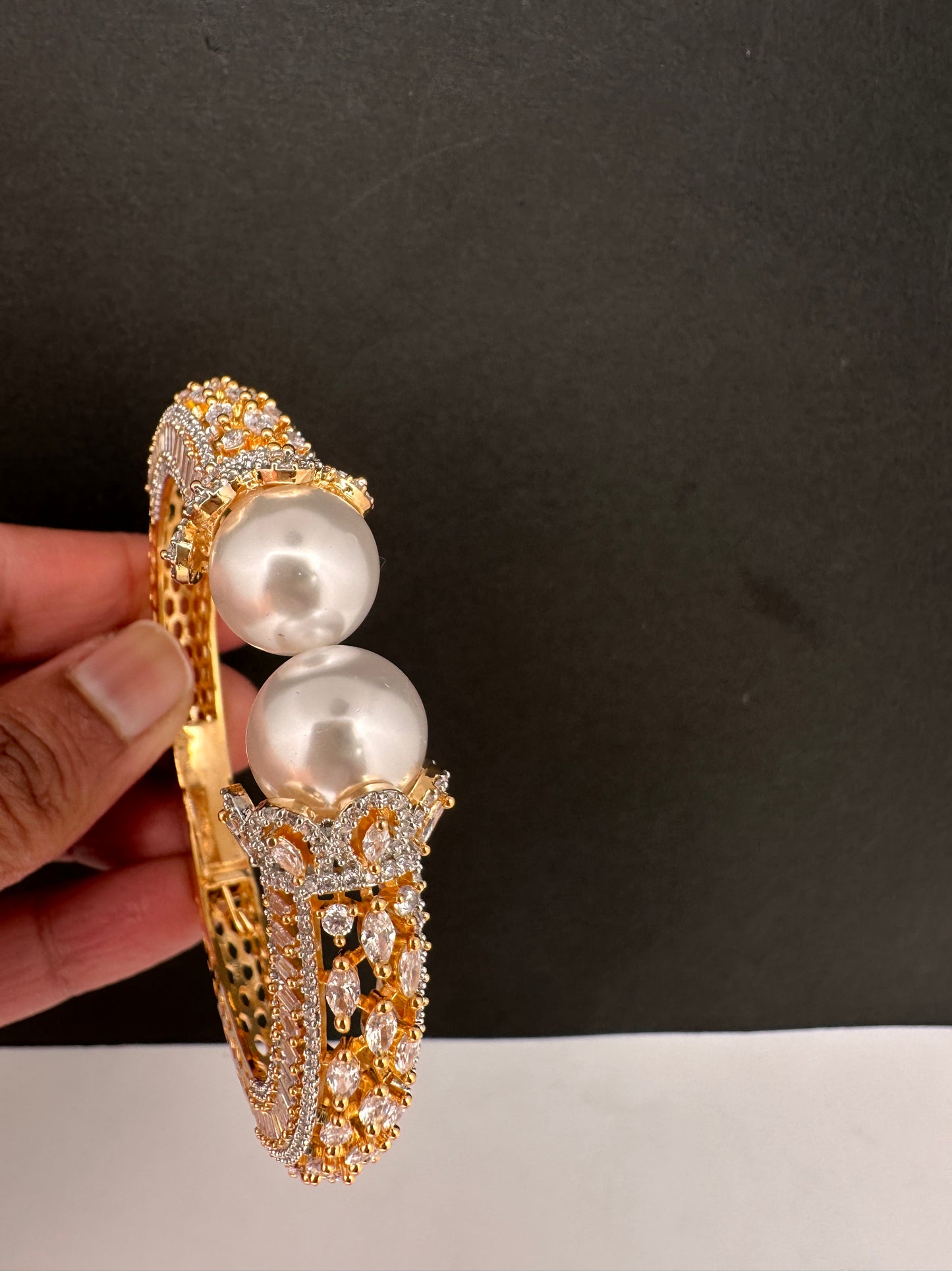 AD Diamond Pearl Openable Kada Bracelet - 