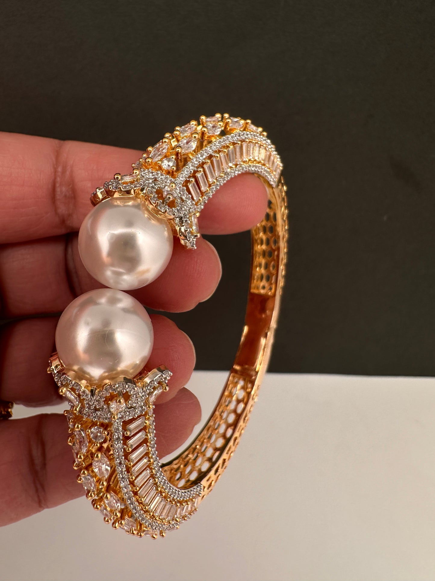 AD Diamond Pearl Openable Kada Bracelet - 