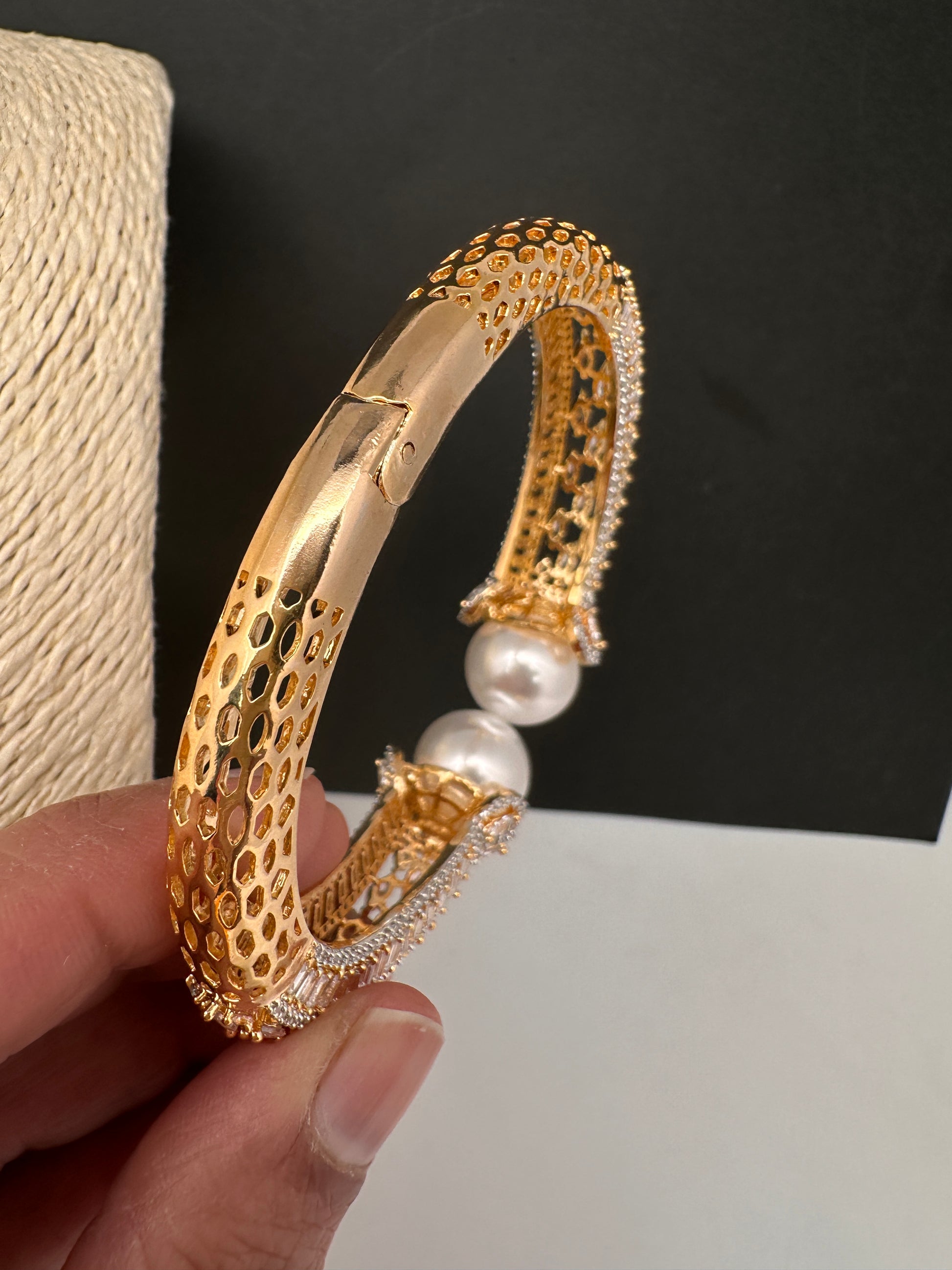 AD Diamond Pearl Openable Kada Bracelet - 