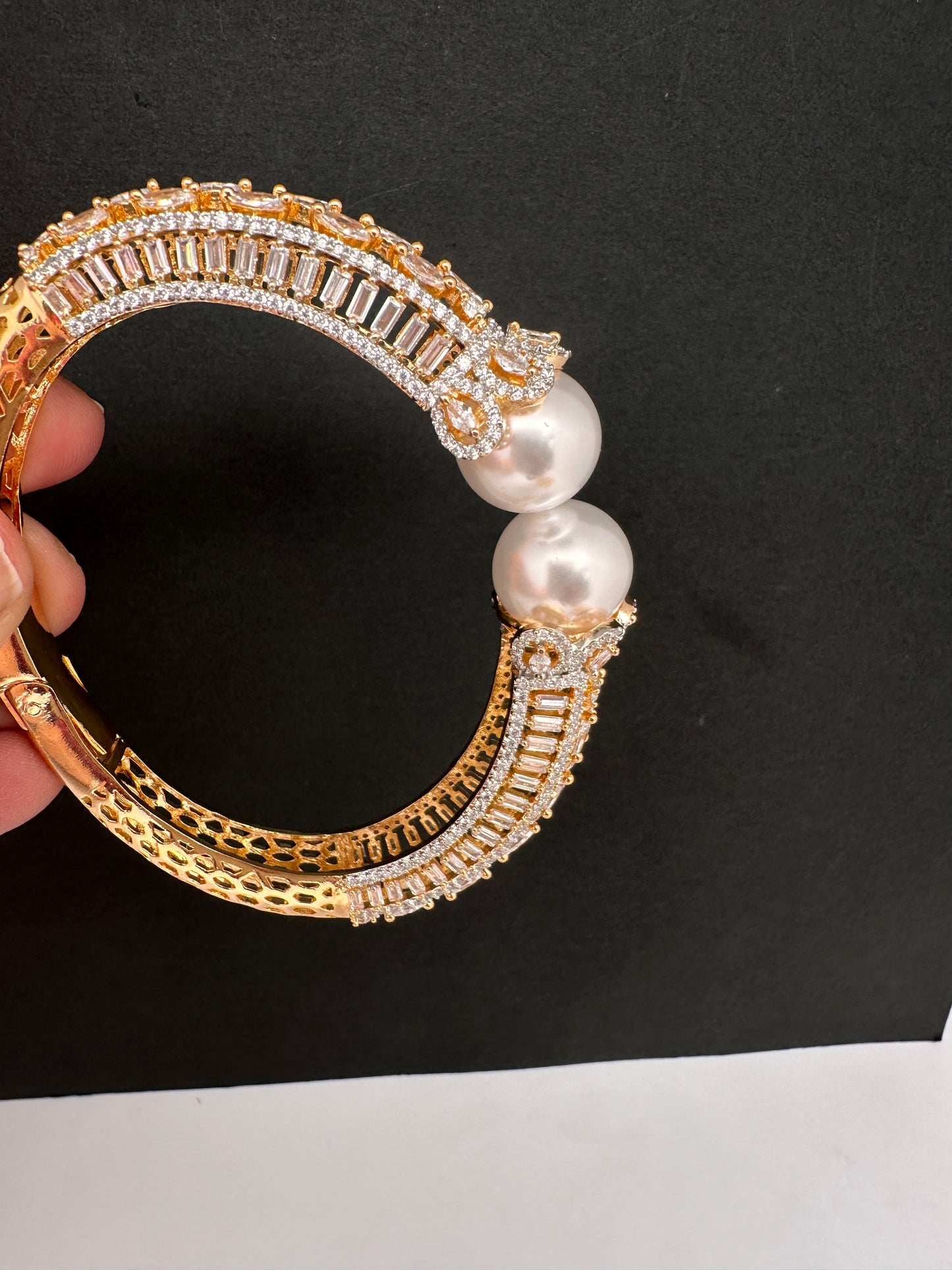 AD Diamond Pearl Openable Kada Bracelet - 