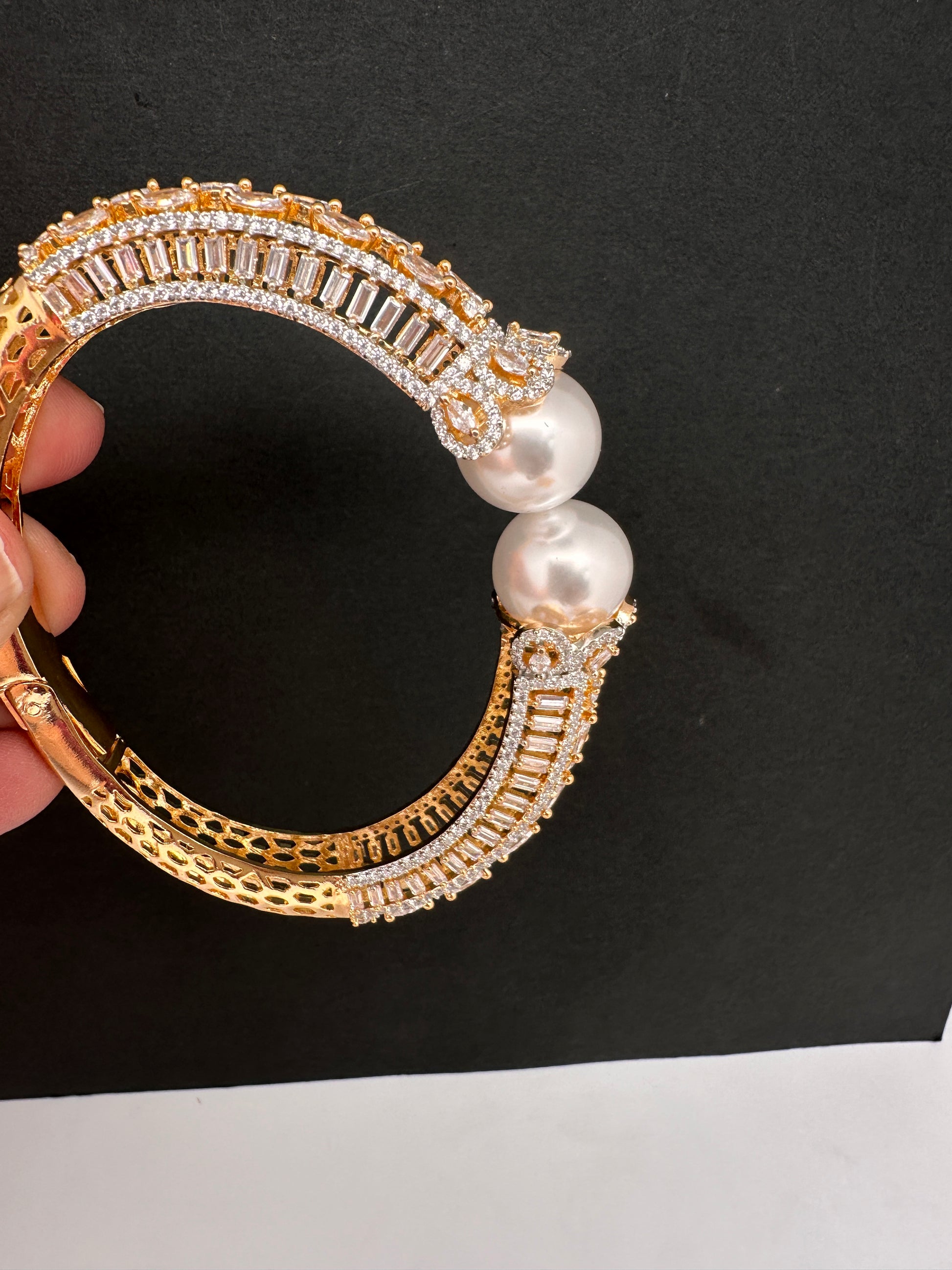 AD Diamond Pearl Openable Kada Bracelet - 