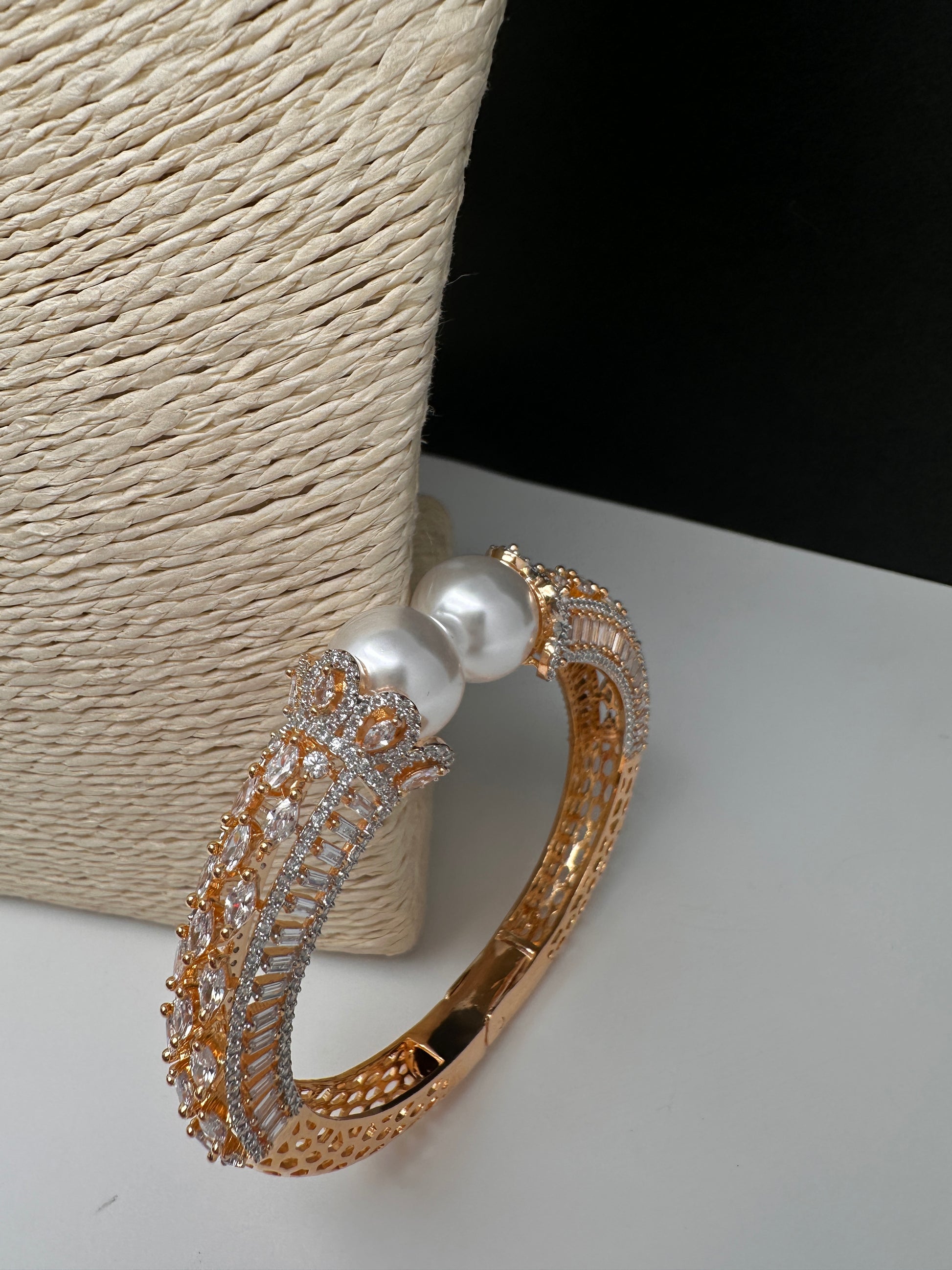 AD Diamond Pearl Openable Kada Bracelet - 